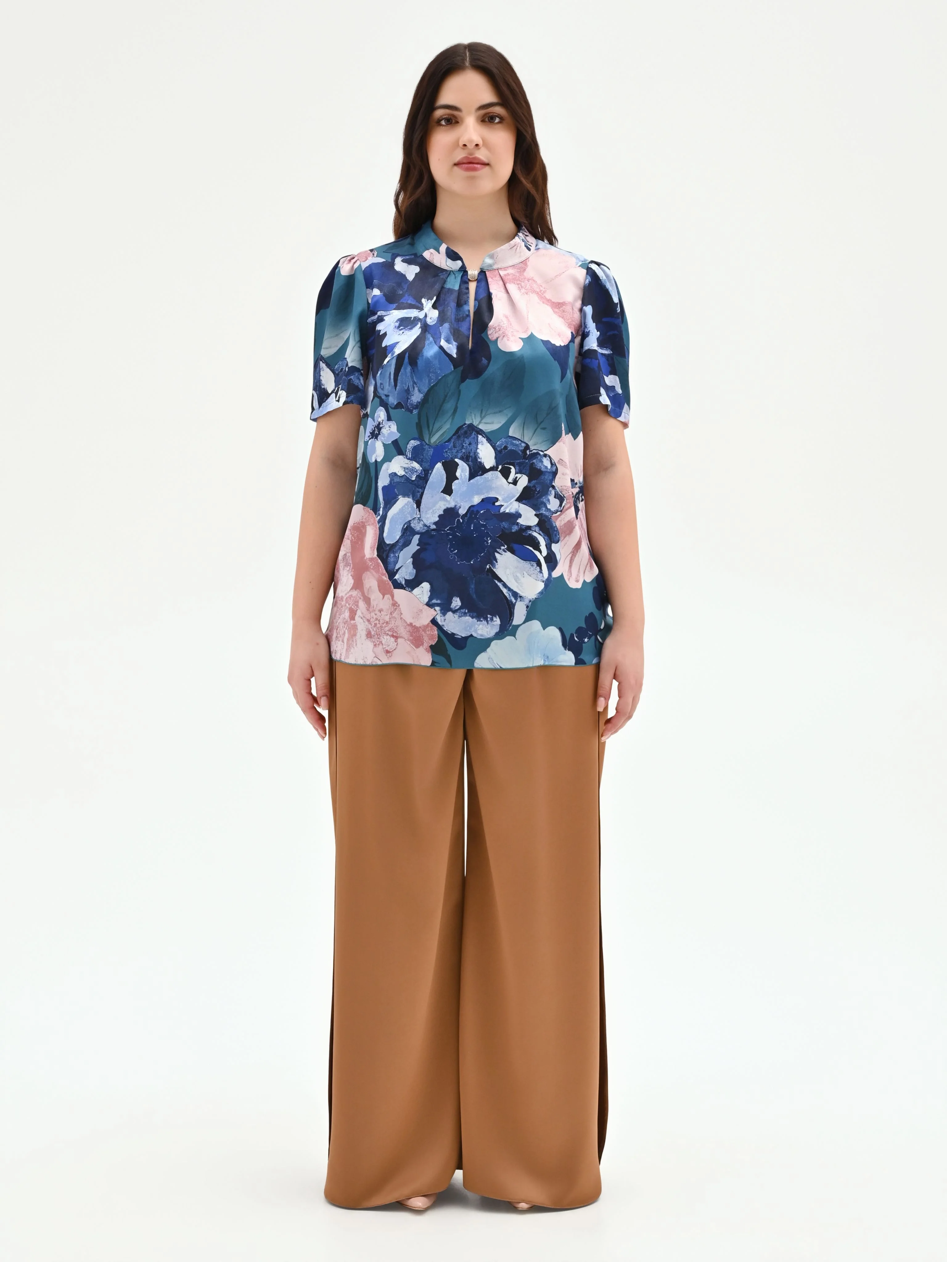 Blusa blu ottanio curvy con stampa floreale - Image 3