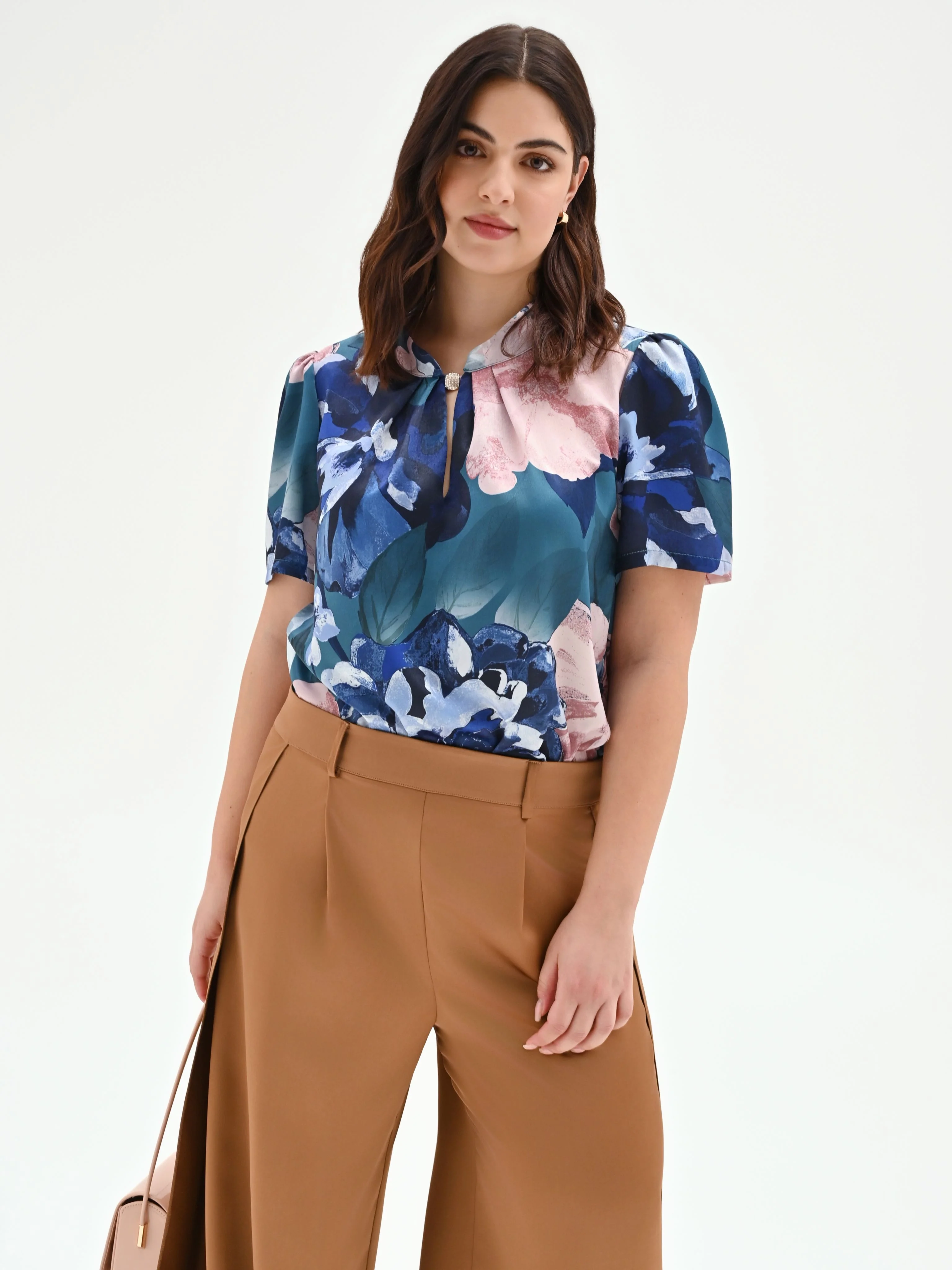 Blusa blu ottanio curvy con stampa floreale - Image 6