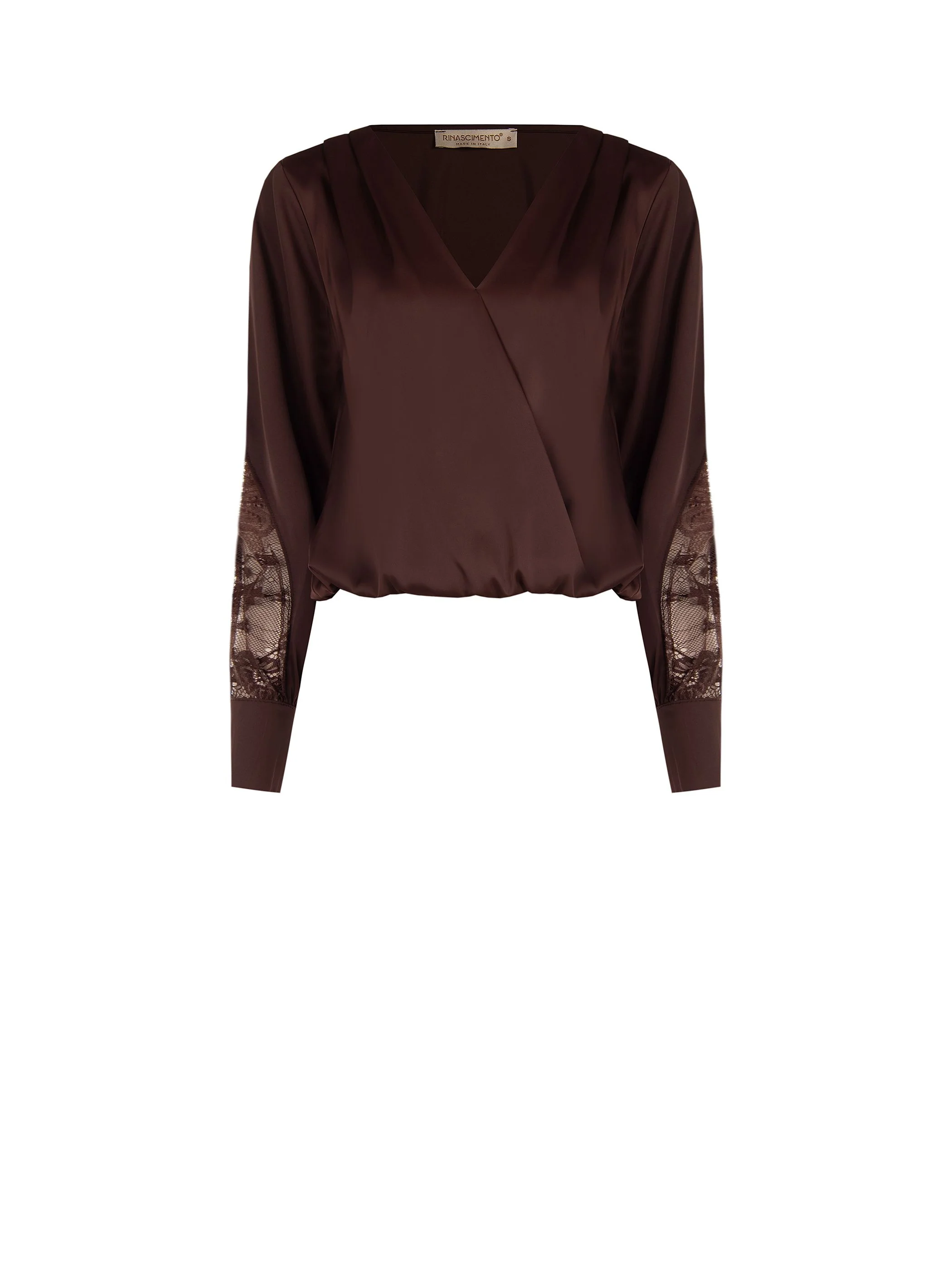 Blusa cioccolato in raso con inserti in pizzo - Image 6
