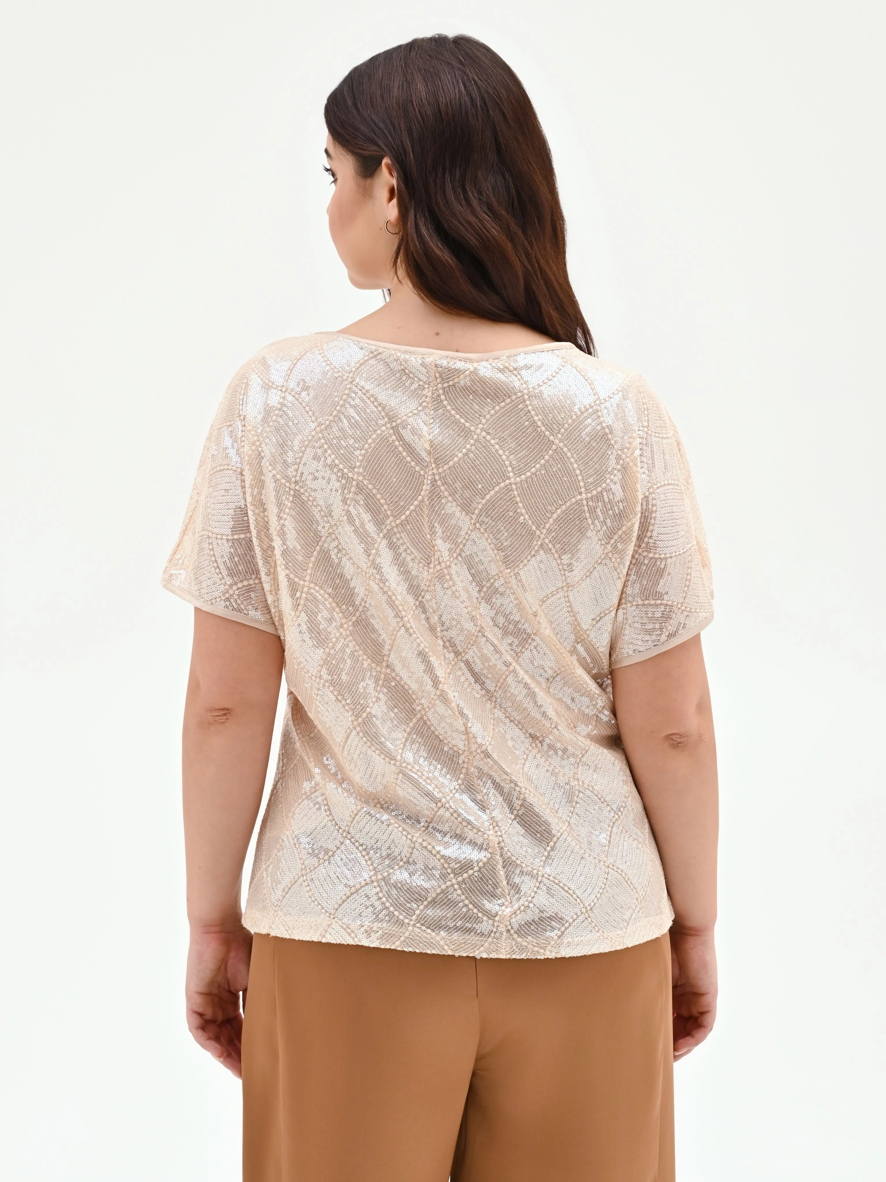 Blusa curvy beige chiaro con paillettes all over - Image 3