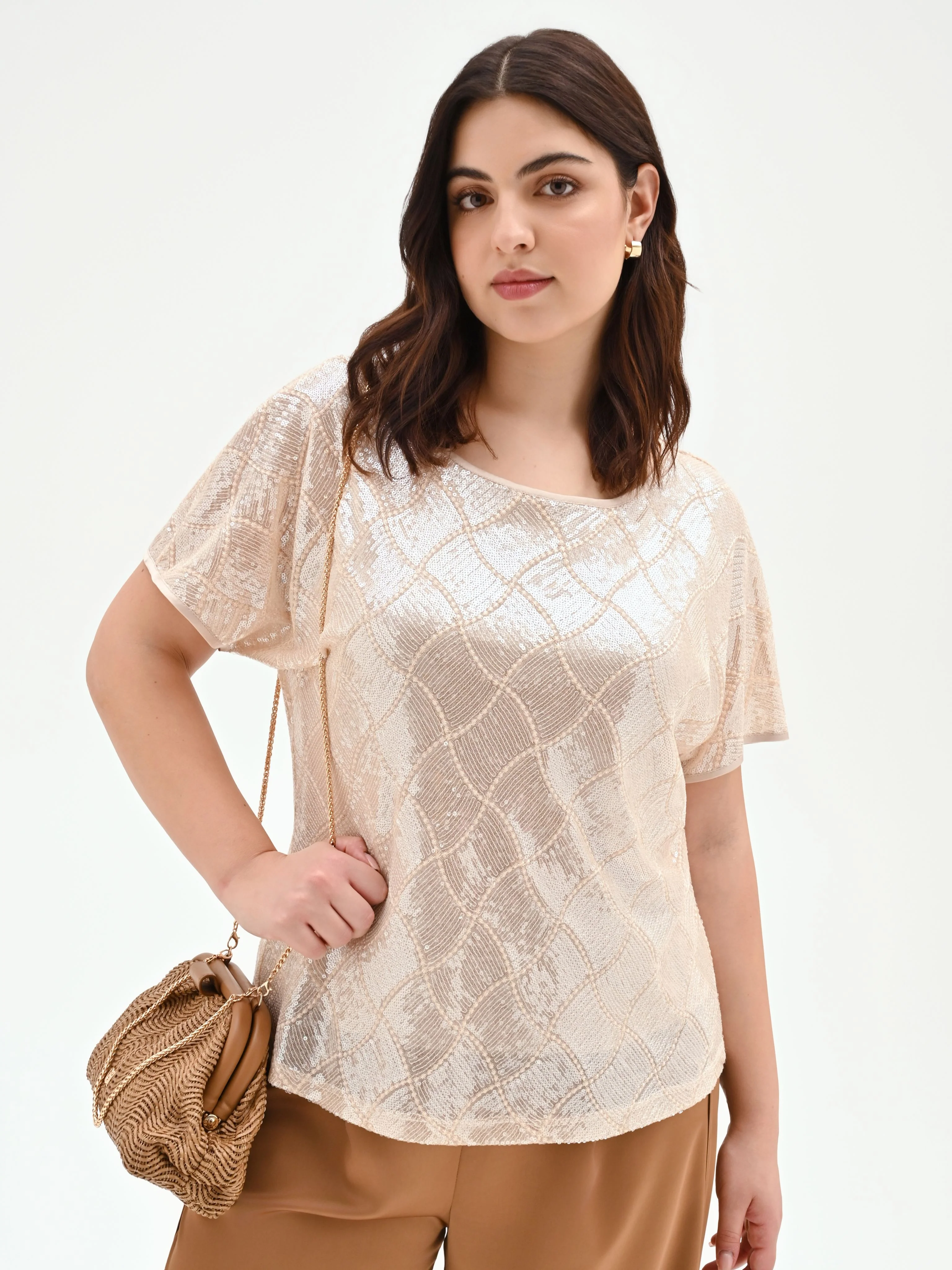 Blusa curvy beige chiaro con paillettes all over - Image 6