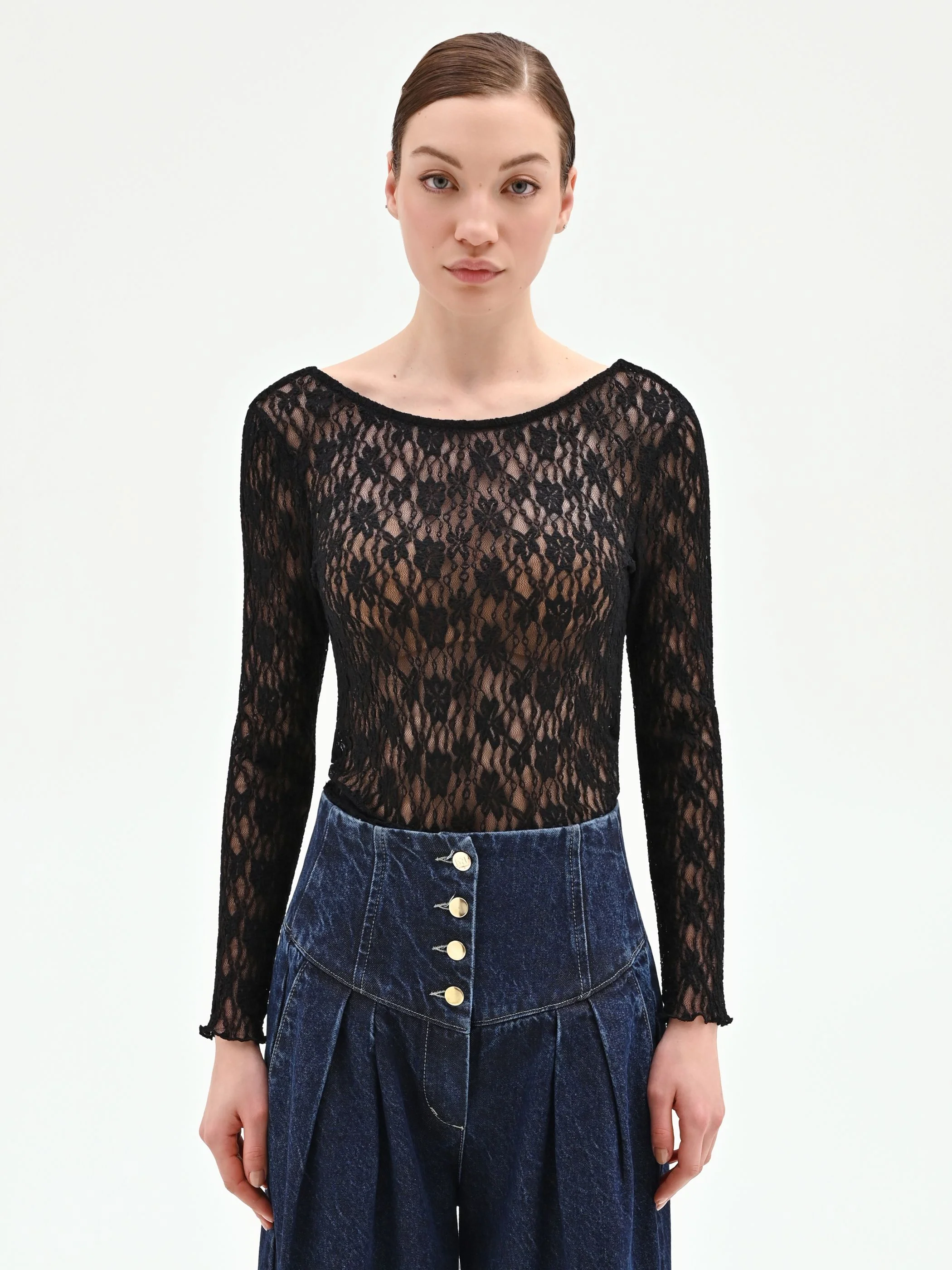 Blusa nera in pizzo floreale - Image 2