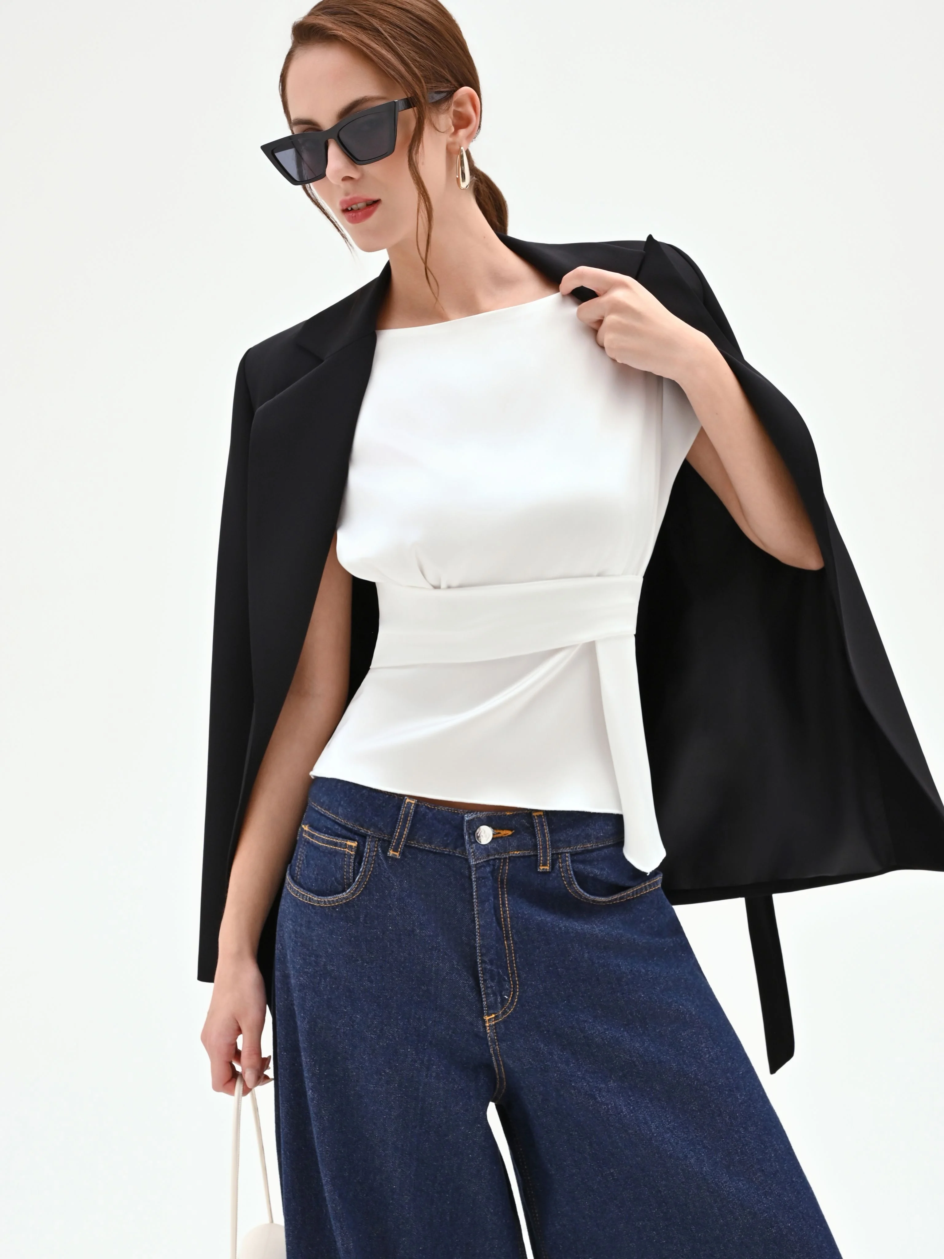 Blusa panna bianco con fusciacca in vita - Image 6