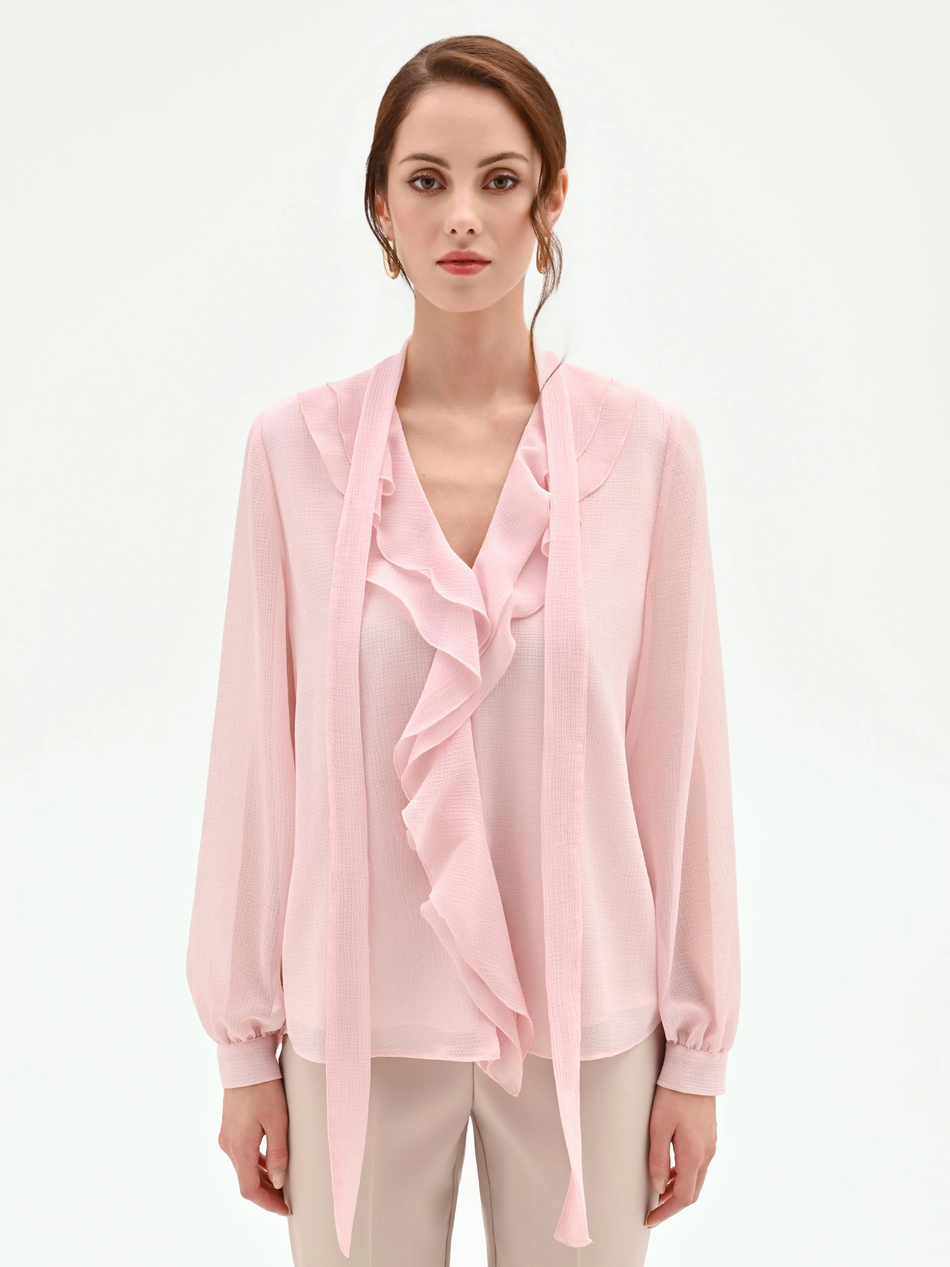 Blusa rosa chiaro con rouche e nastro lavalliere - Image 2