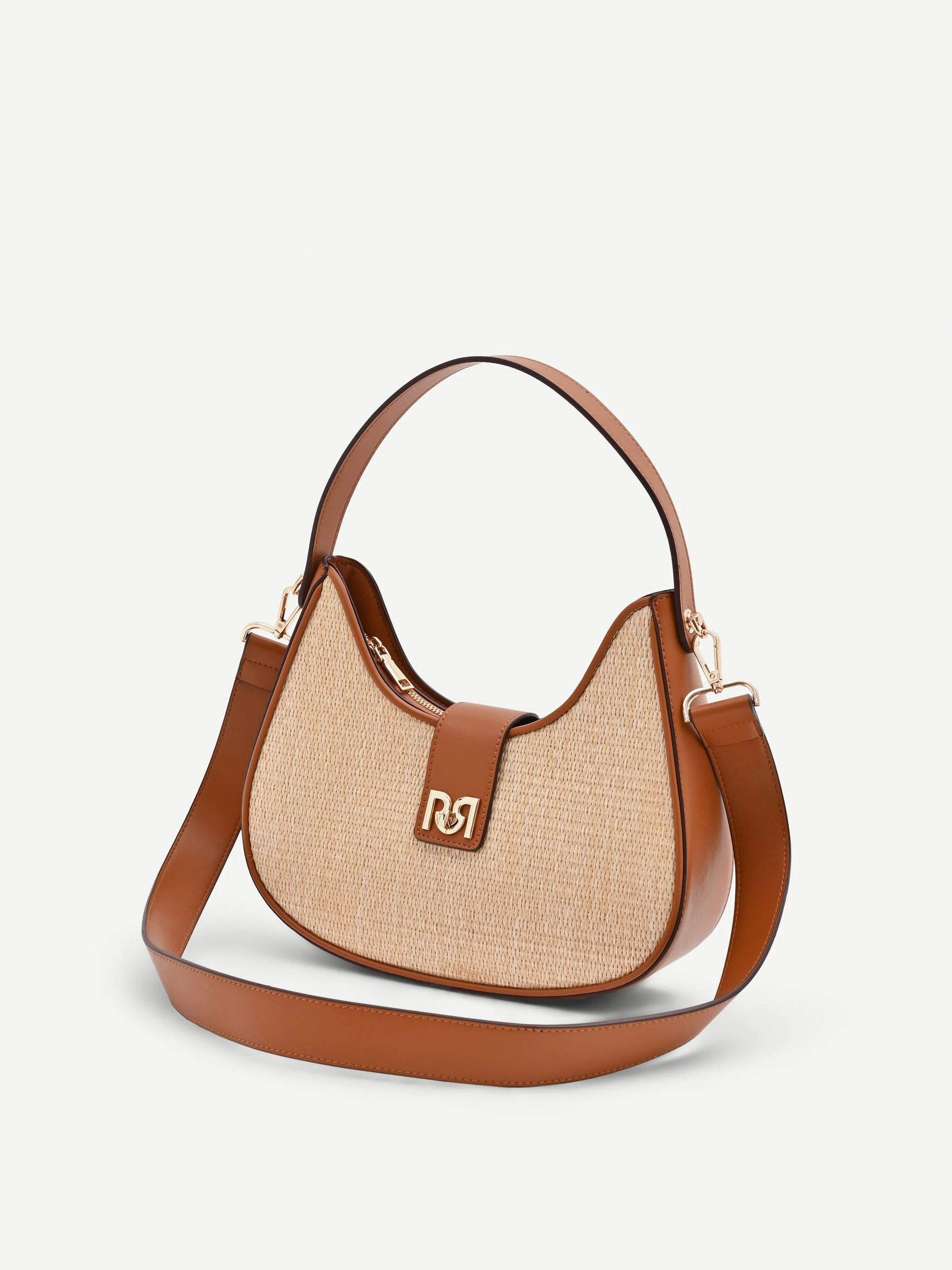 Borsa a sella beige effetto raffia - Image 3