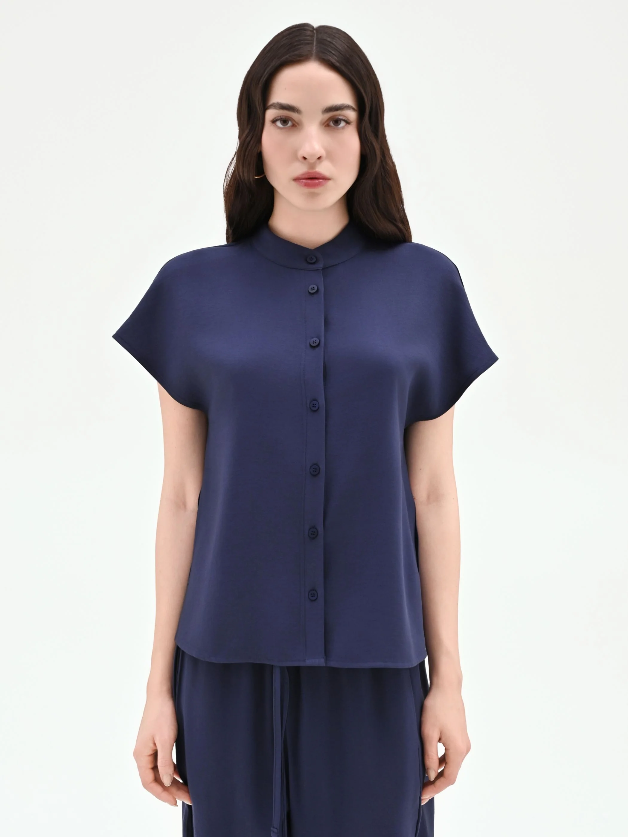 Camicia blu navy con colletto alla coreana - Image 2