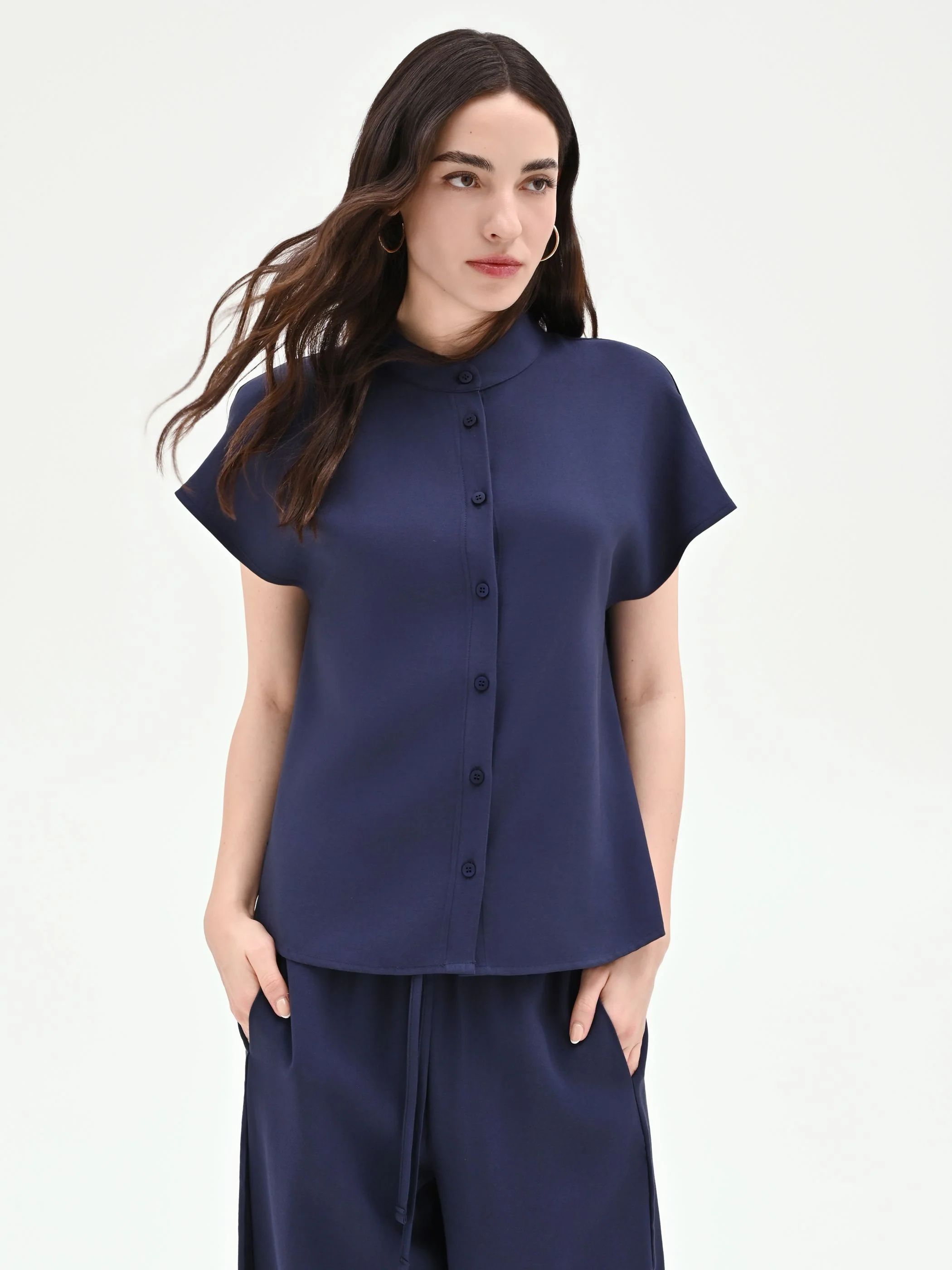 Camicia blu navy con colletto alla coreana - Image 5