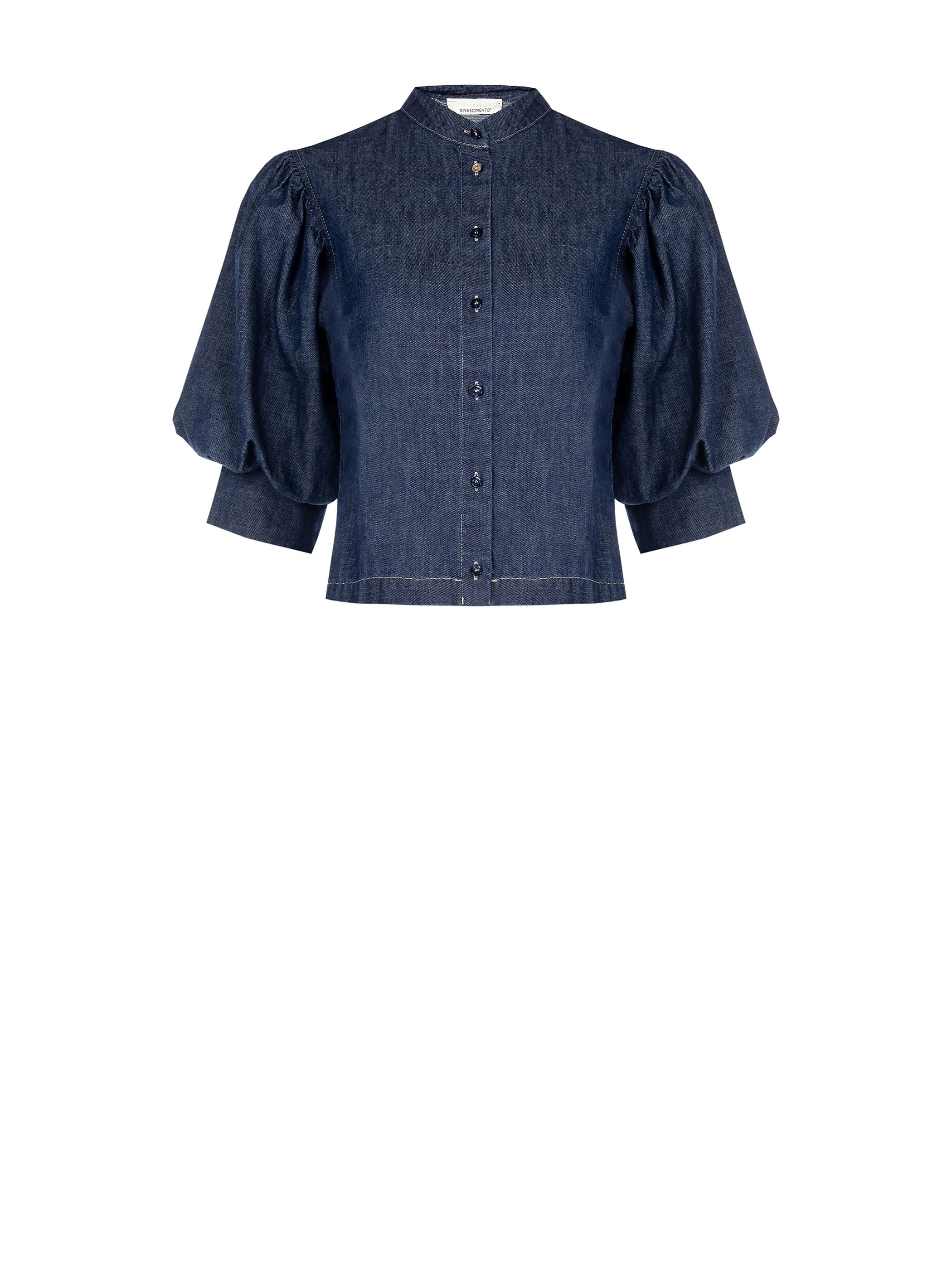 Camicia con maniche a sbuffo in denim blu scuro - Image 6