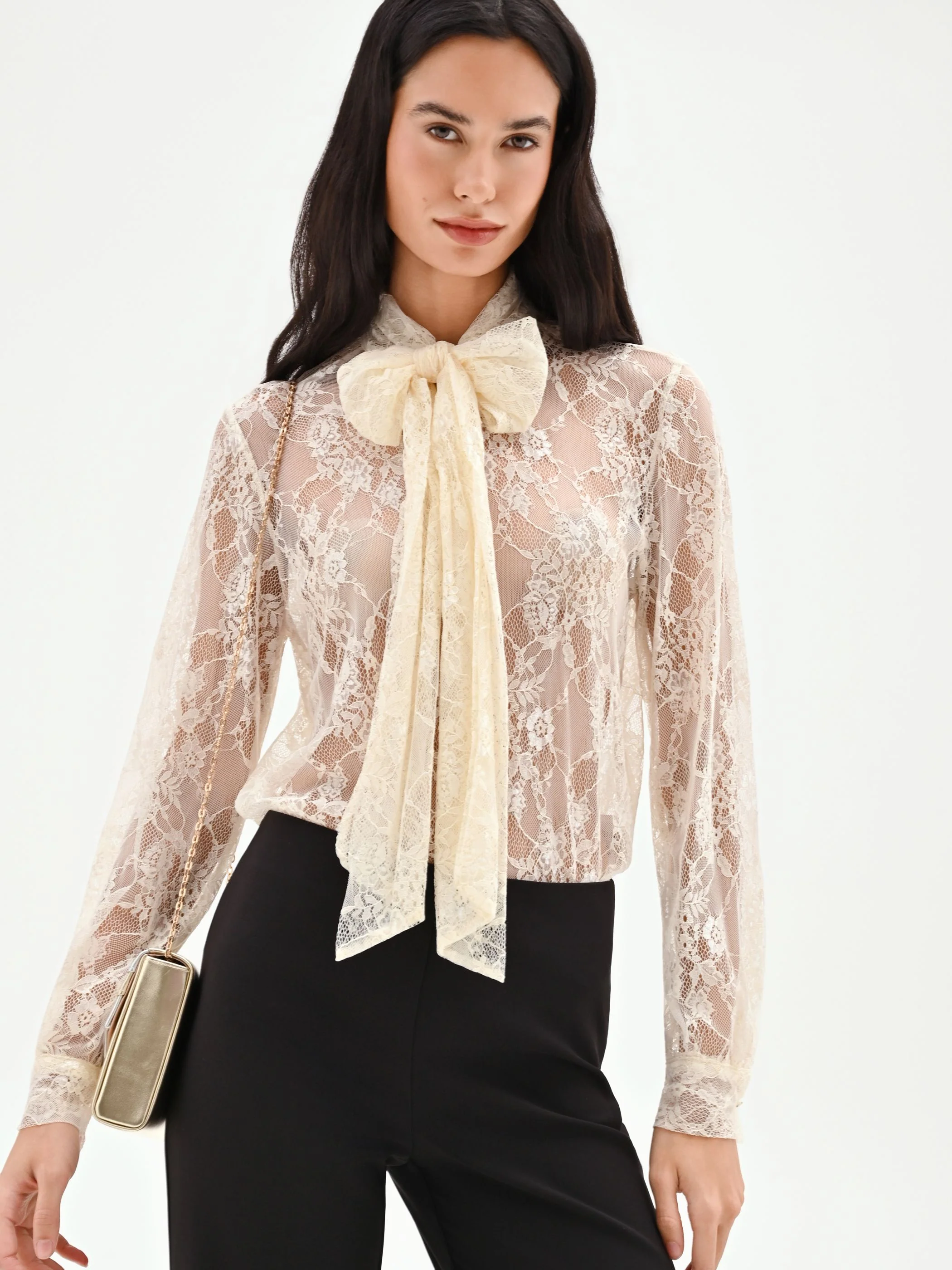 Camicia in pizzo panna con collo lavallière - Image 7