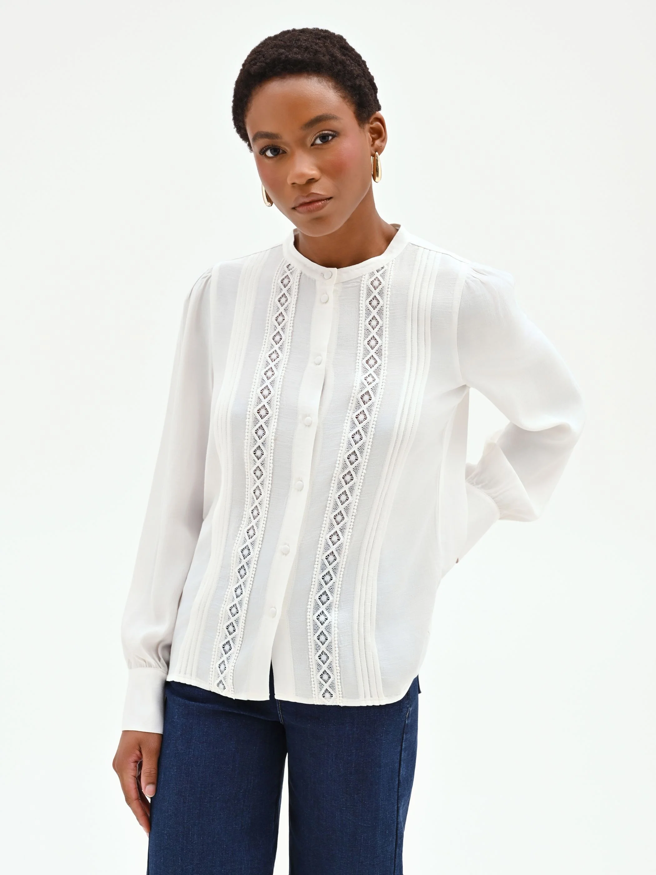 Camicia in viscosa panna con inserti in pizzo - Image 5