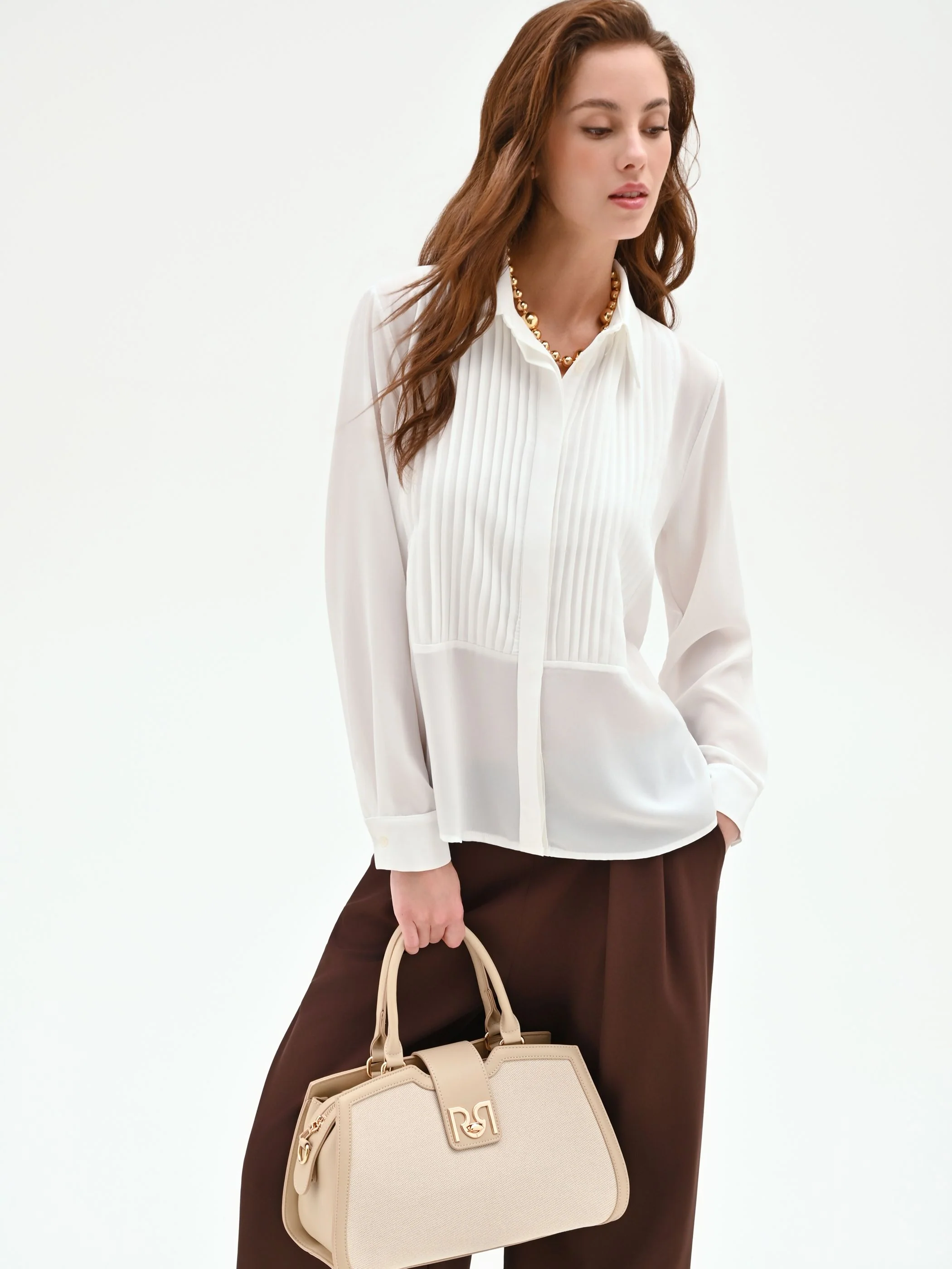 Camicia panna bianco con plastron plissé - Image 6