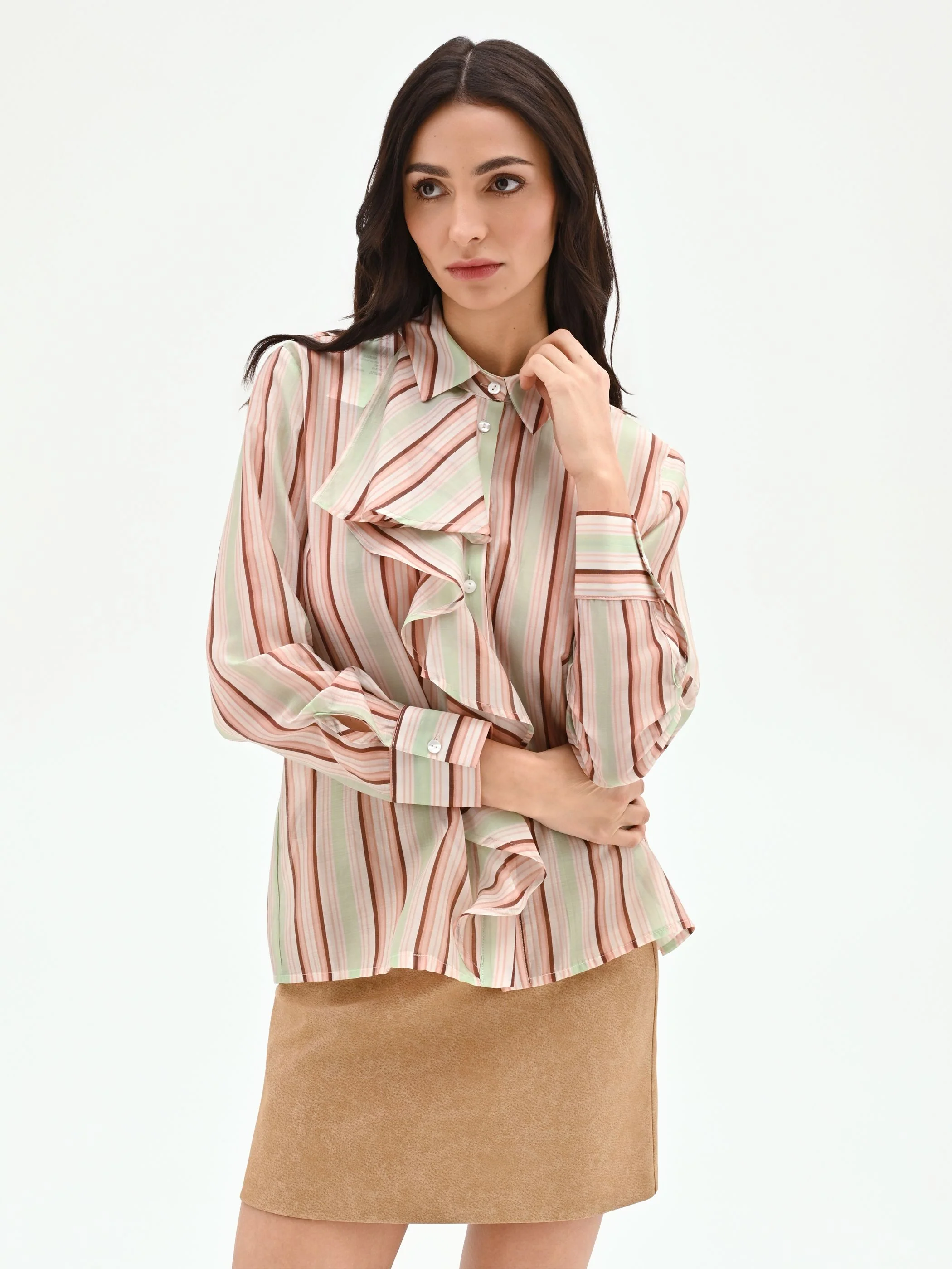 Camicia rosa a righe con rouche - Image 2