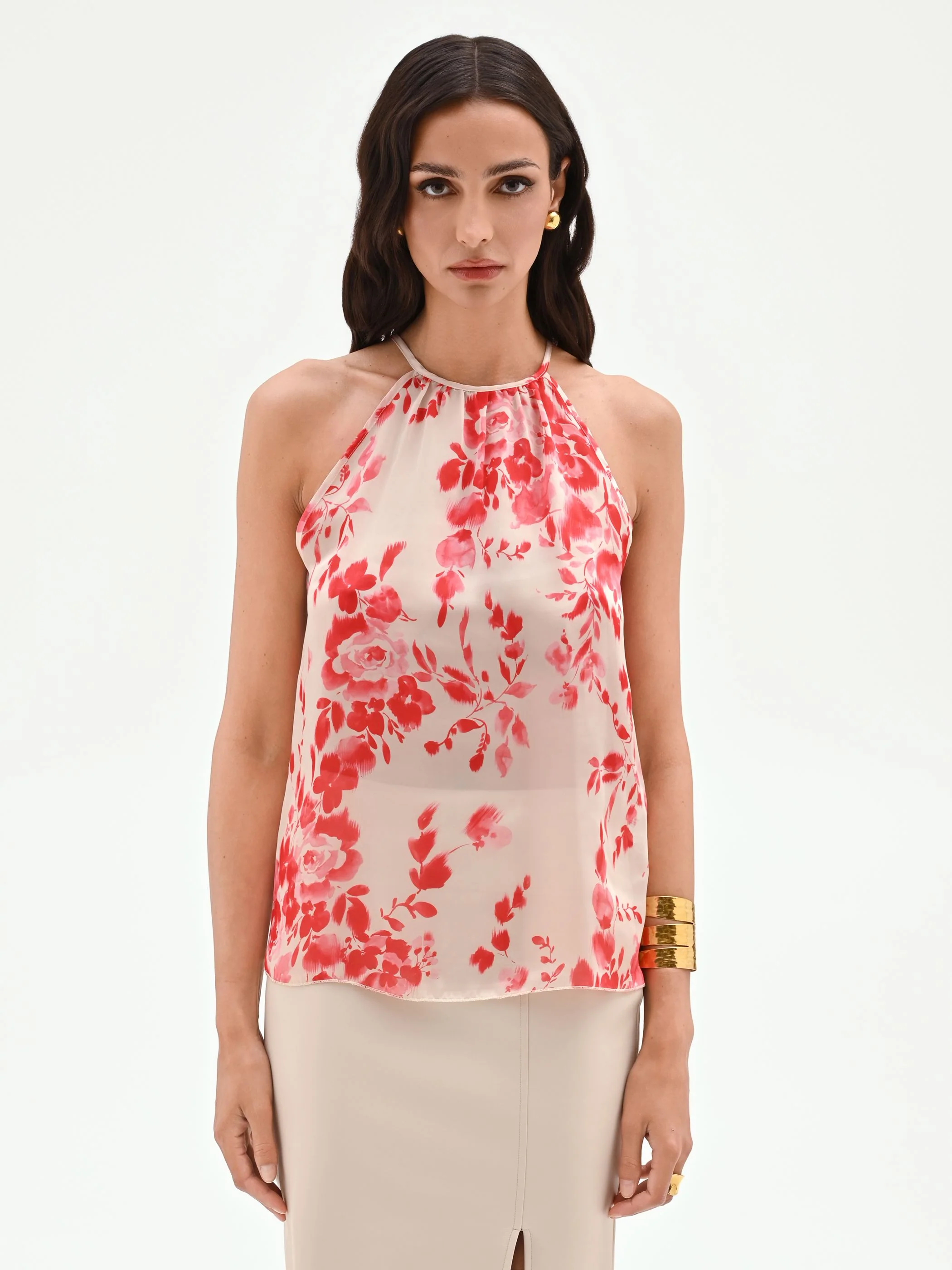 Canotta halter in raso stampa floreale rosso fragola - Image 2