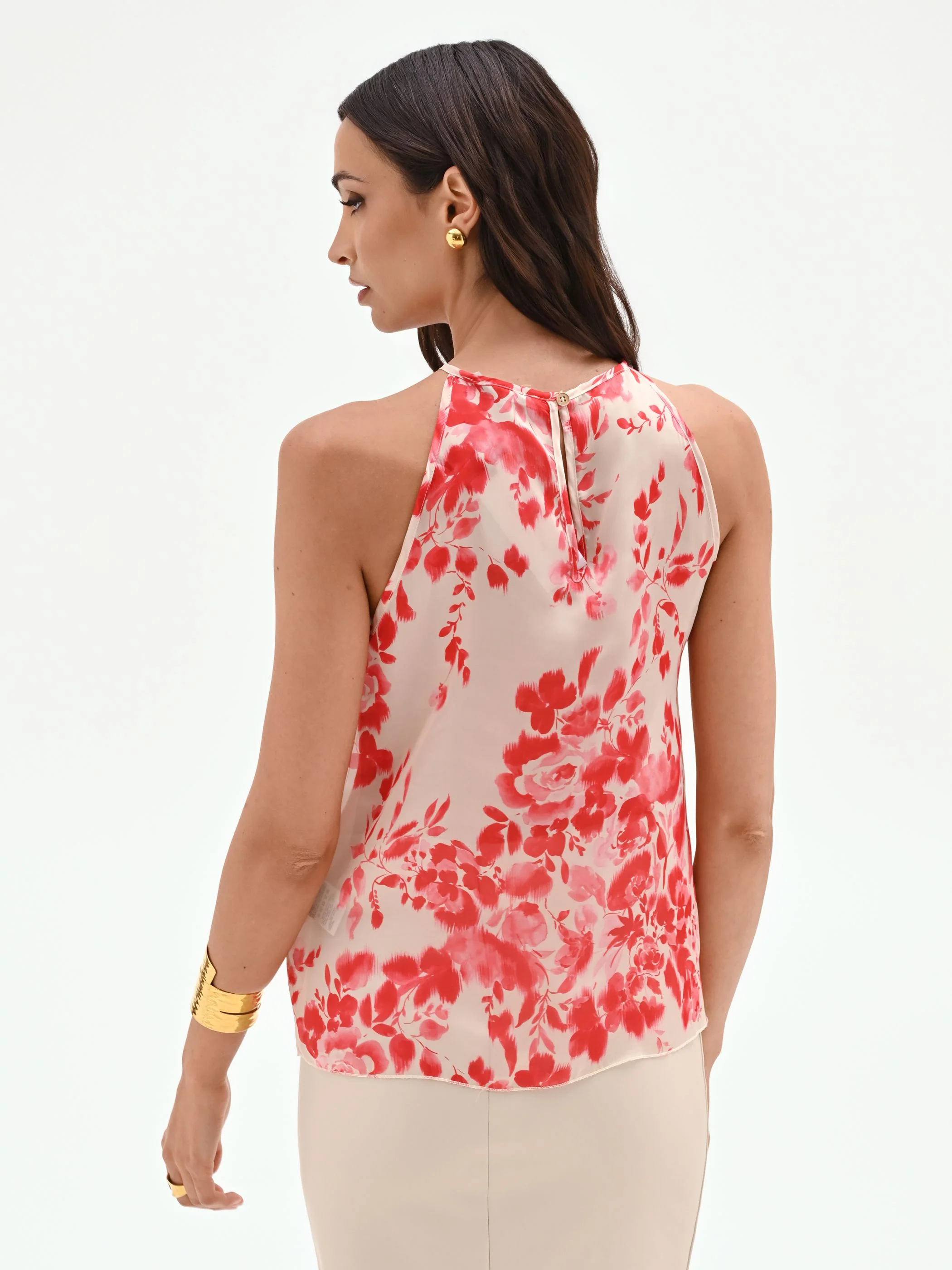 Canotta halter in raso stampa floreale rosso fragola - Image 3