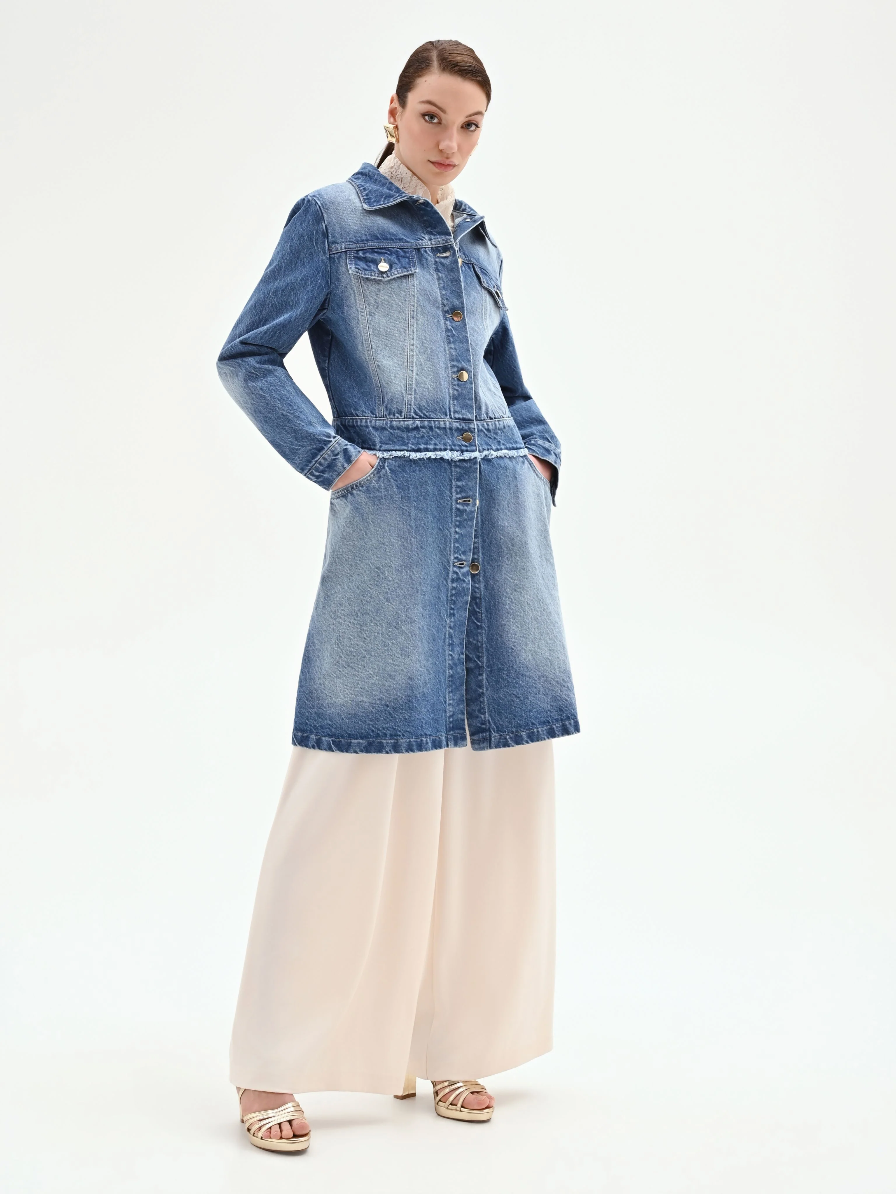 Capospalla lungo in denim azzurro - Image 3