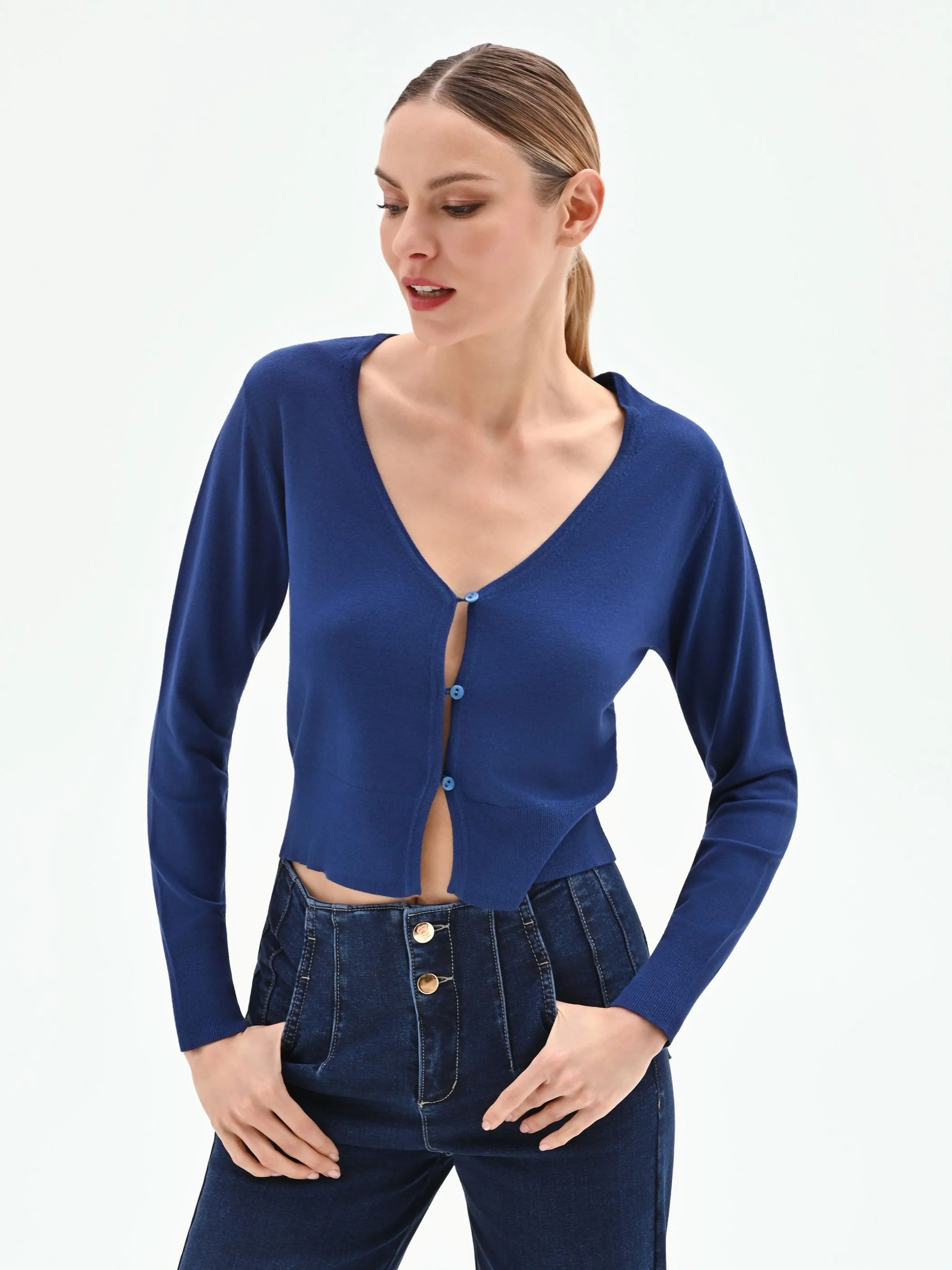 Cardigan blu brillante in maglia fine - Image 6