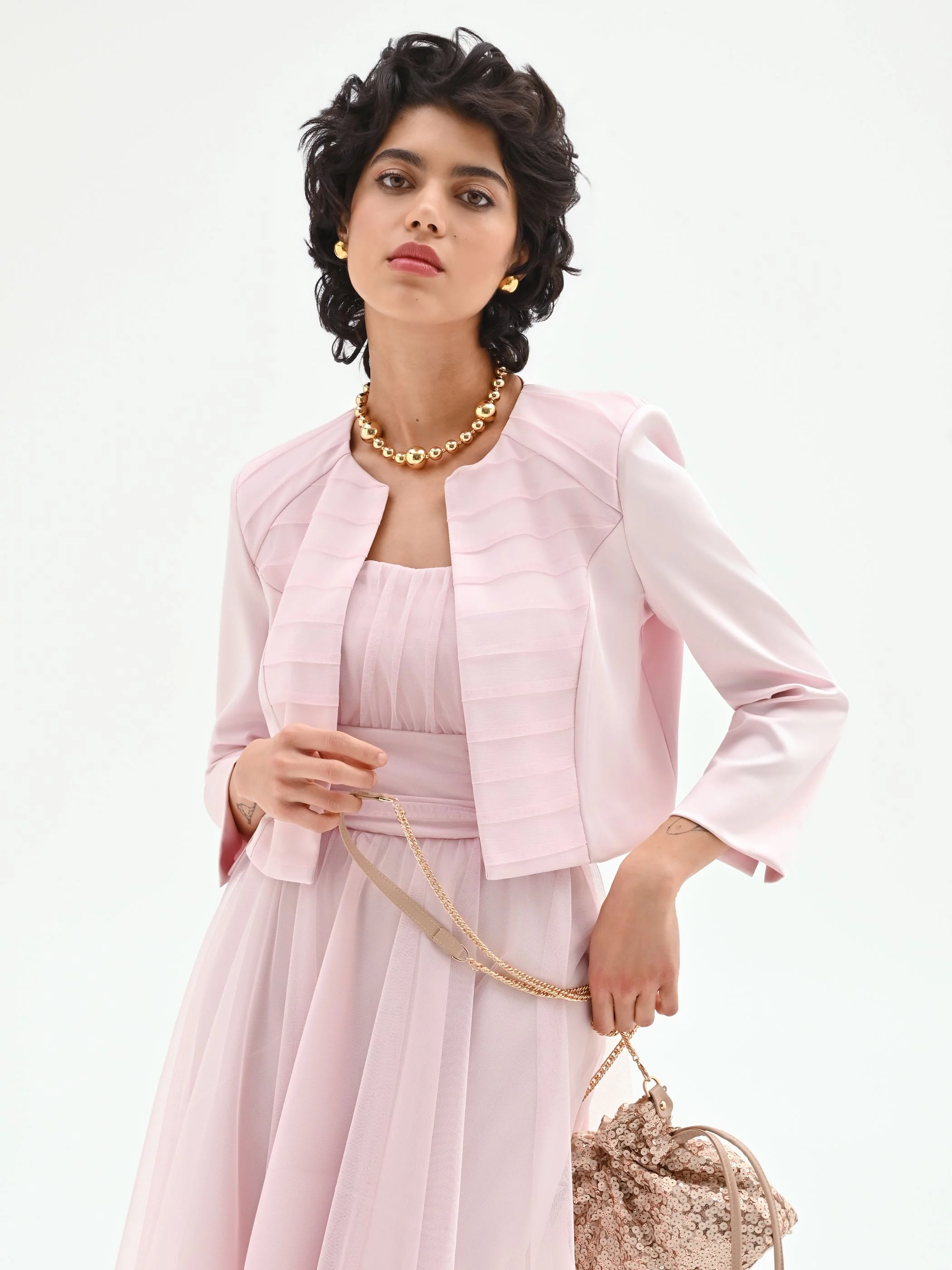Coprispalla rosa pastello con pieghe orizzontali - Image 7