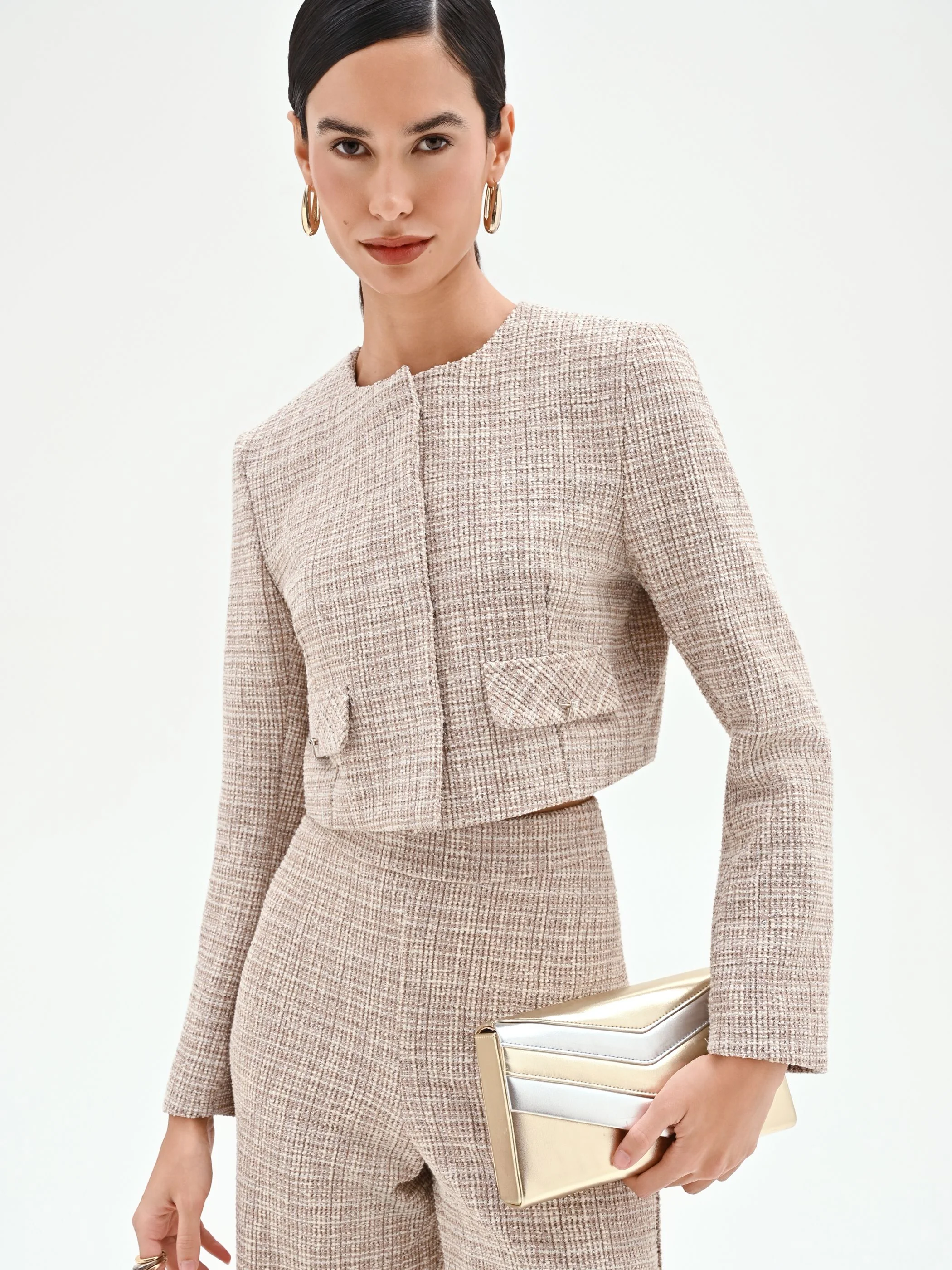 Giacca beige chiaro in tweed con tasche applicate - Image 7