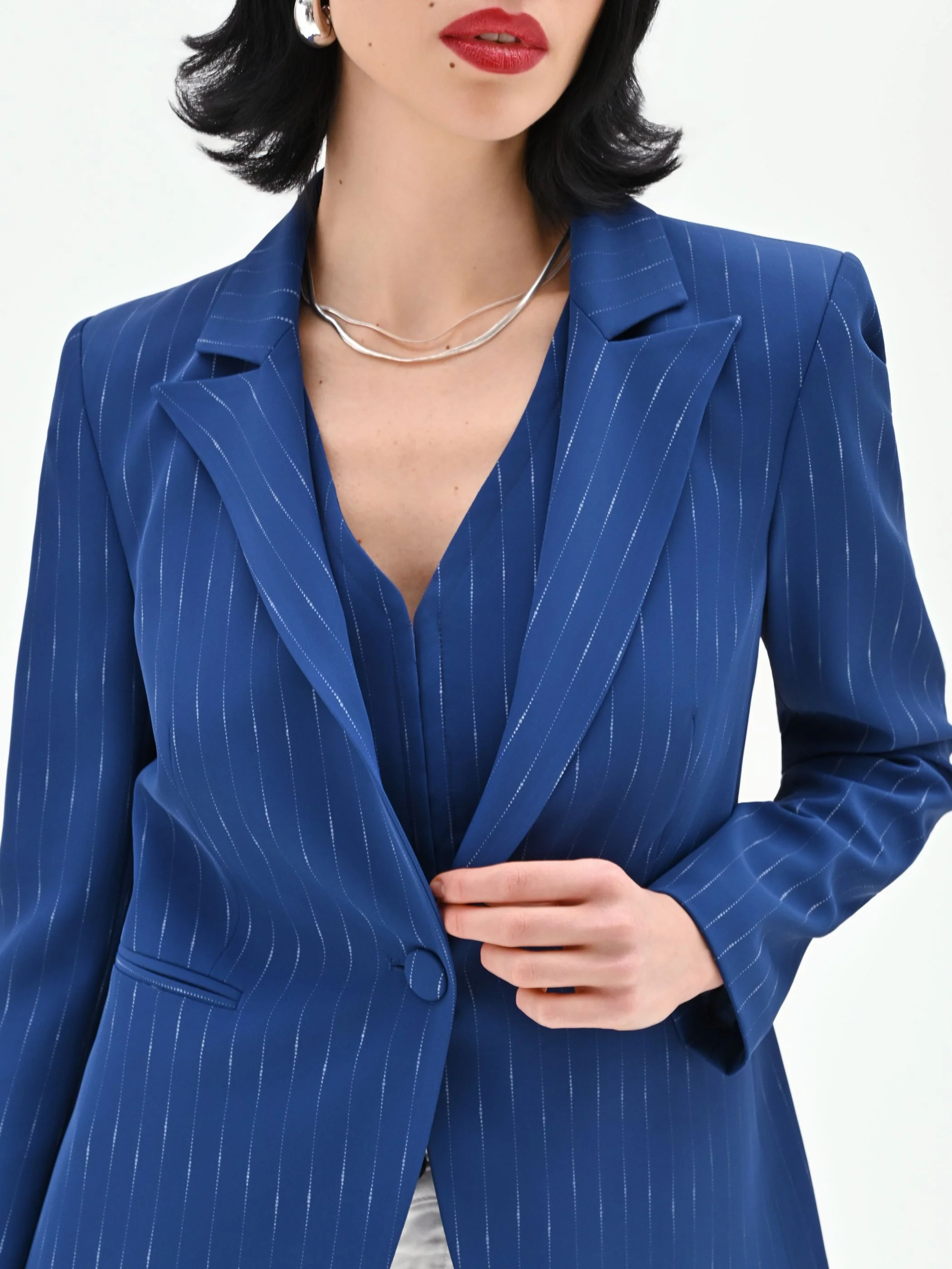 Giacca blazer blu brillante effetto gessato - Image 2