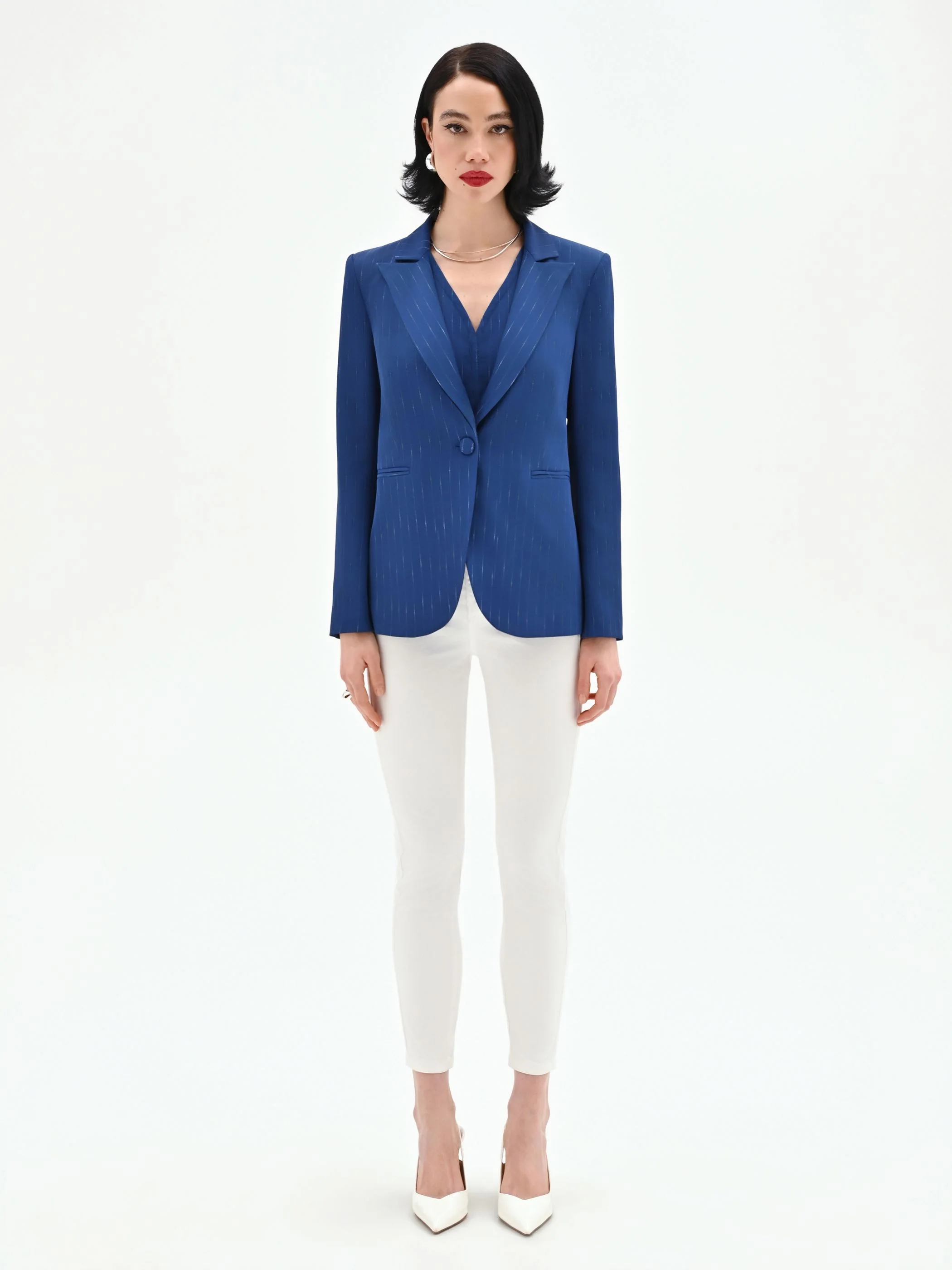 Giacca blazer blu brillante effetto gessato - Image 4