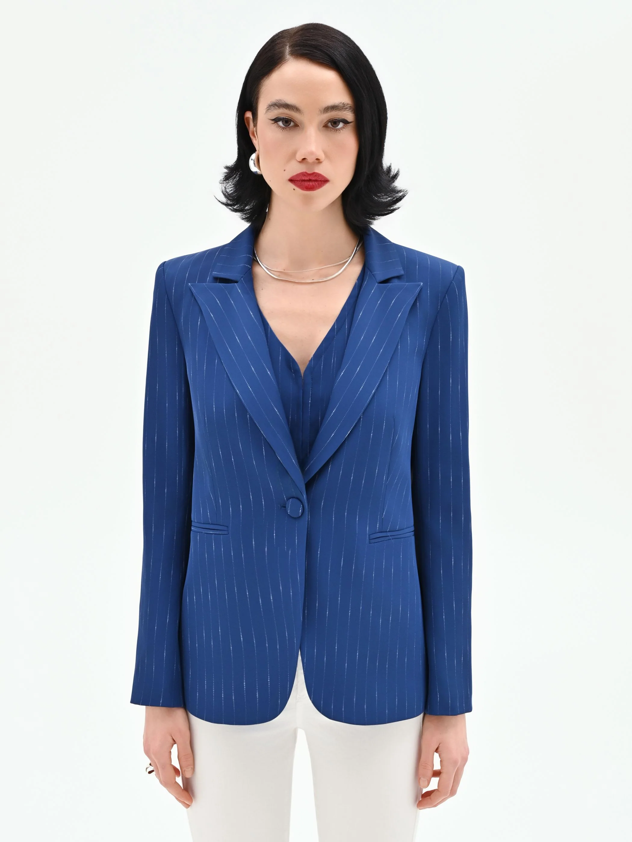 Giacca blazer blu brillante effetto gessato - Image 5