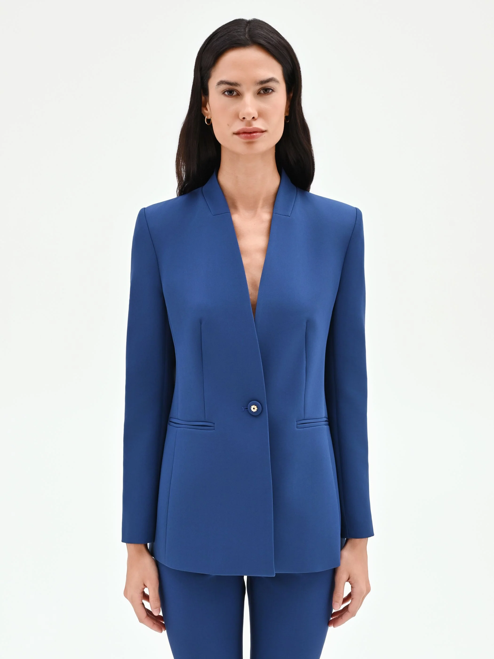 Giacca blazer blu brillante senza rever - Image 3