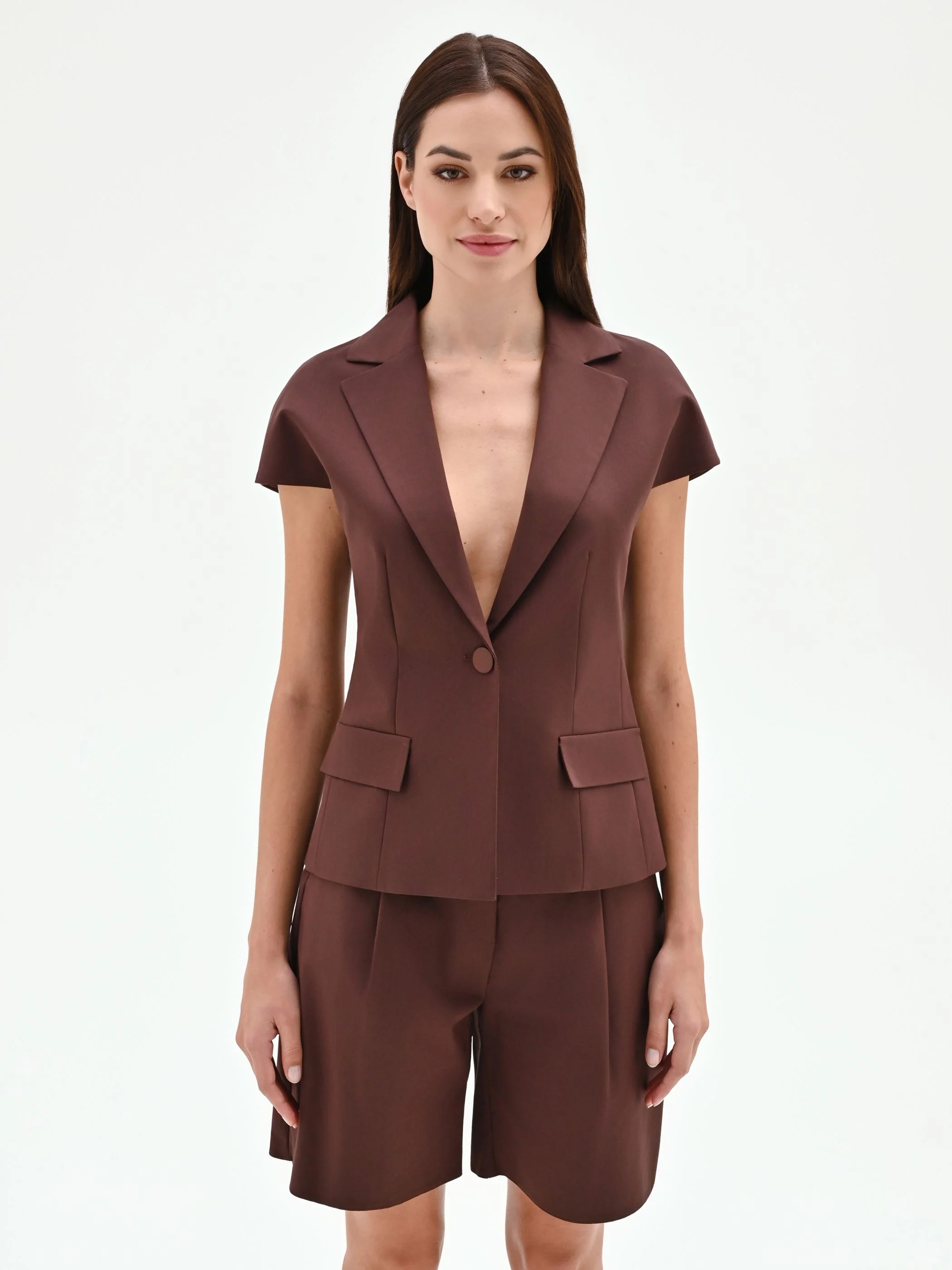 Giacca blazer color cioccolato con maniche corte - Image 4