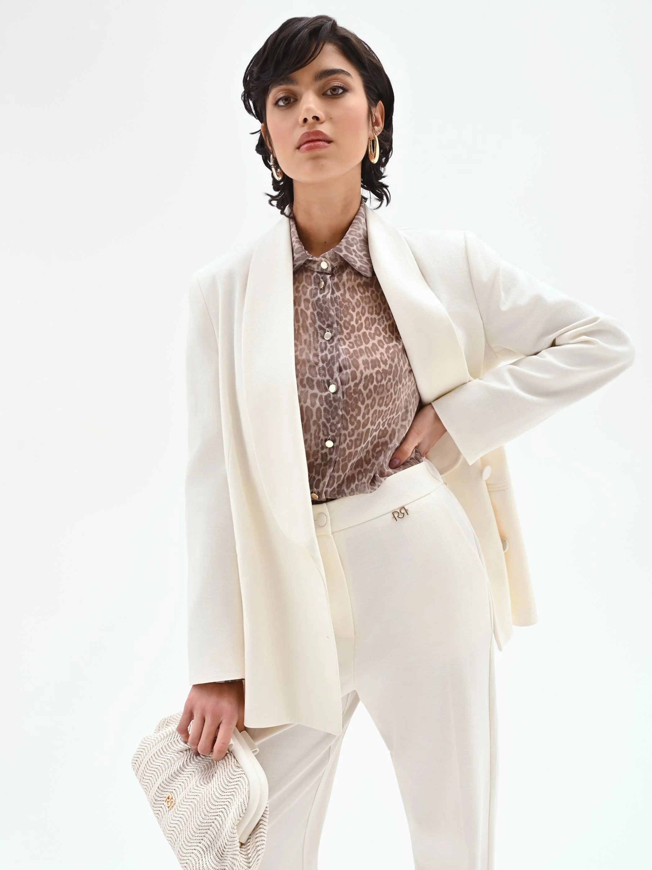 Giacca blazer doppiopetto in misto cotone lyocell bianco - Image 3