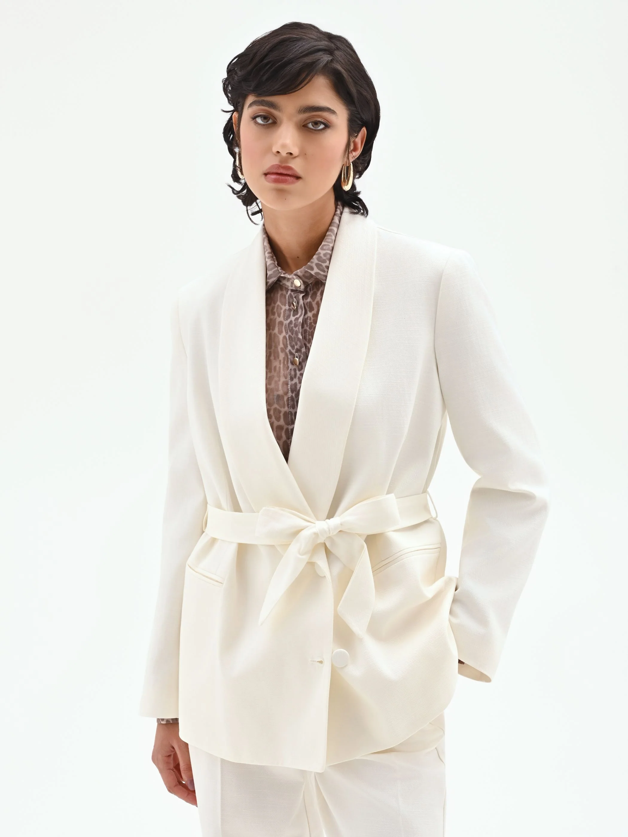Giacca blazer doppiopetto in misto cotone lyocell bianco - Image 6