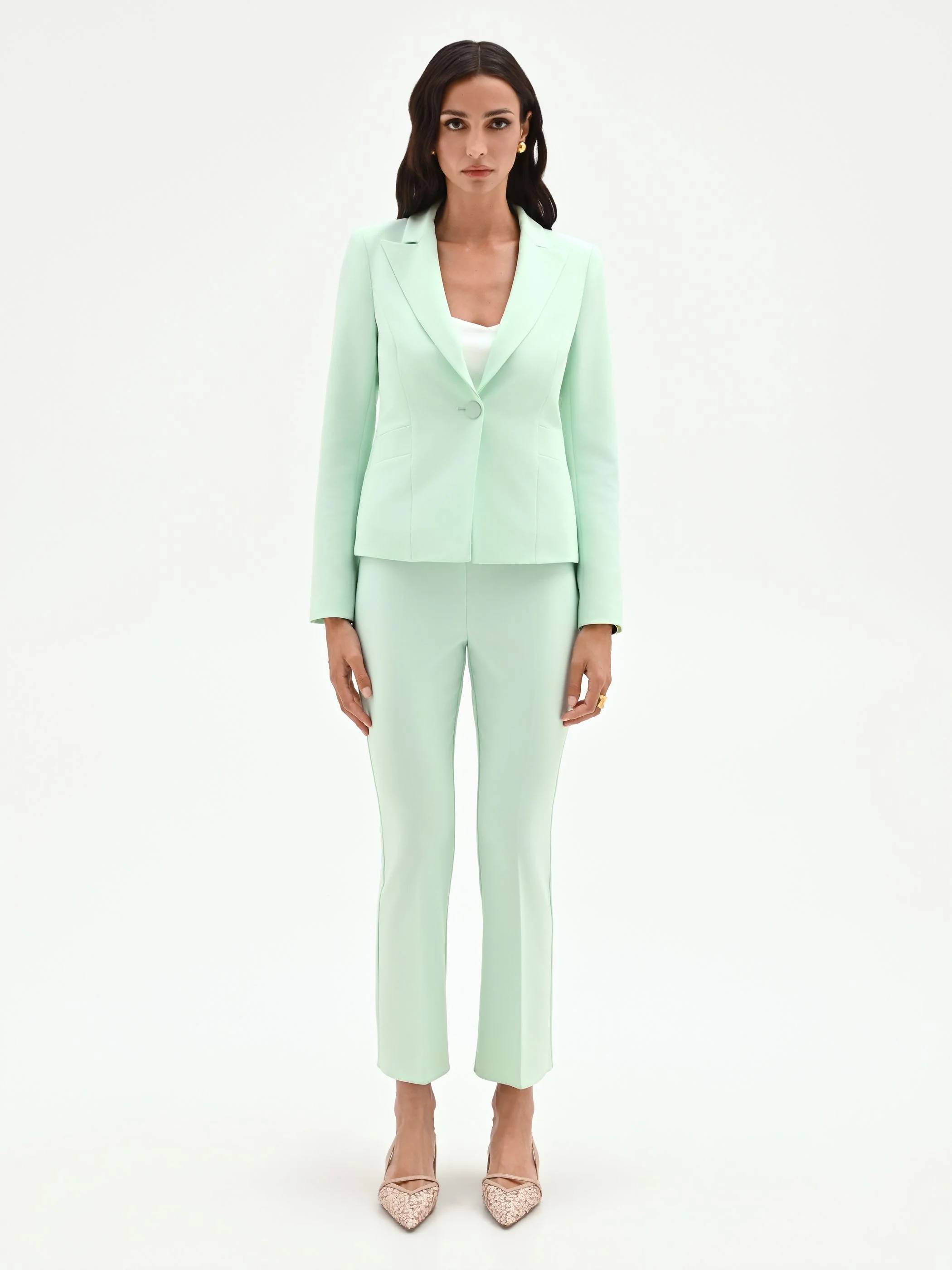 Giacca blazer verde menta con revers a lancia - Image 3