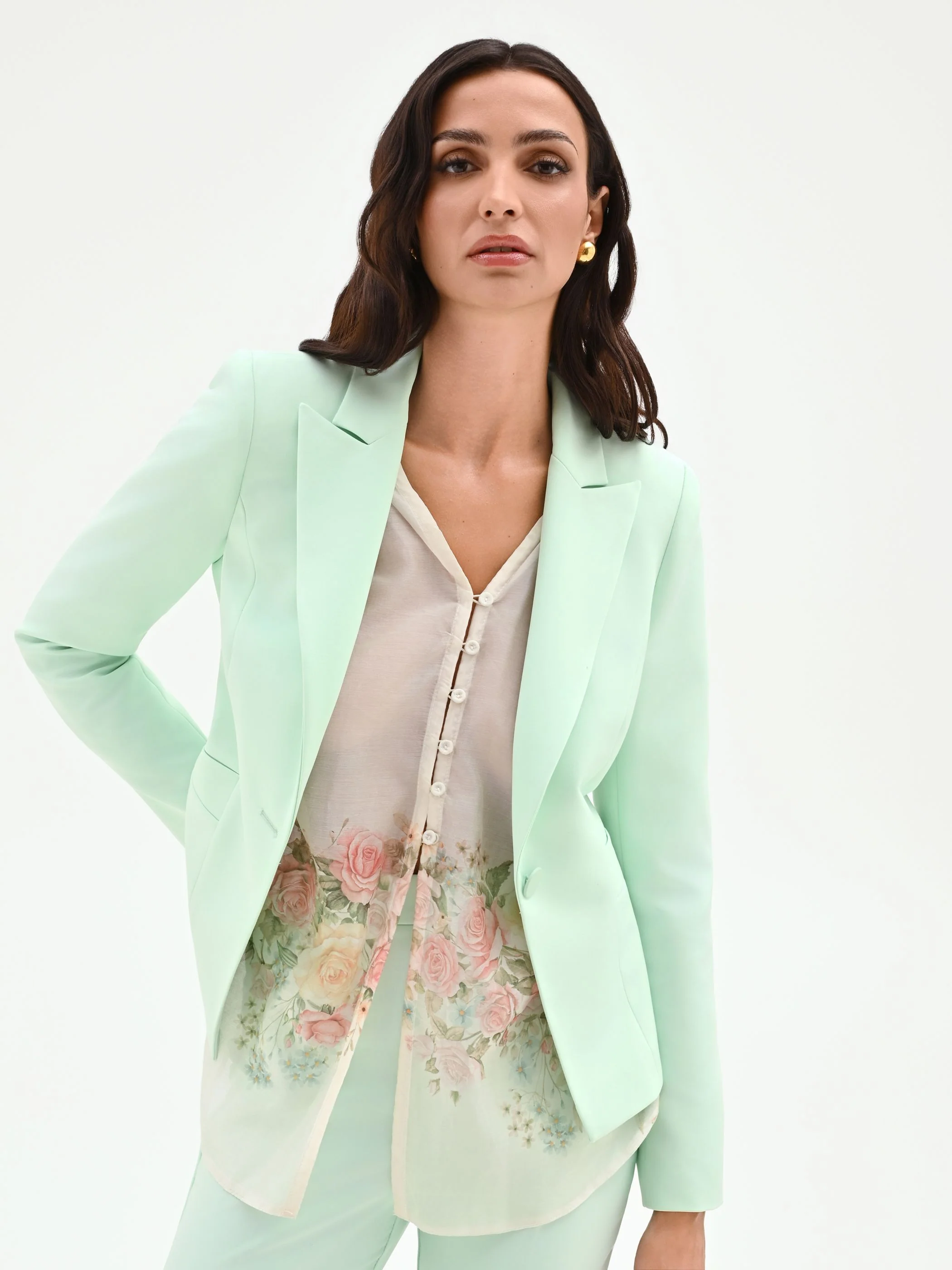Giacca blazer verde menta con revers a lancia - Image 5