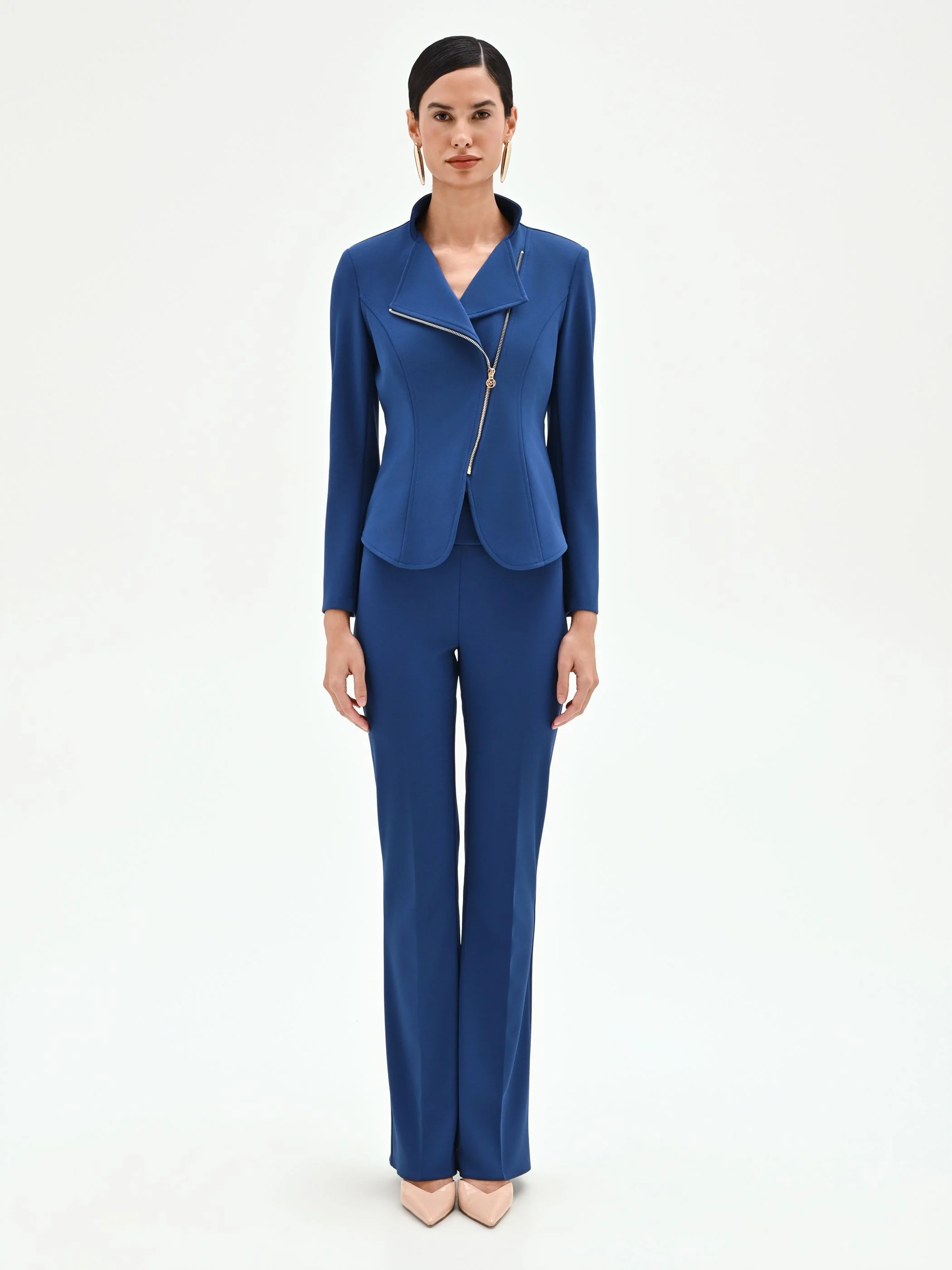 Giacca blu brillante con zip asimmetrica