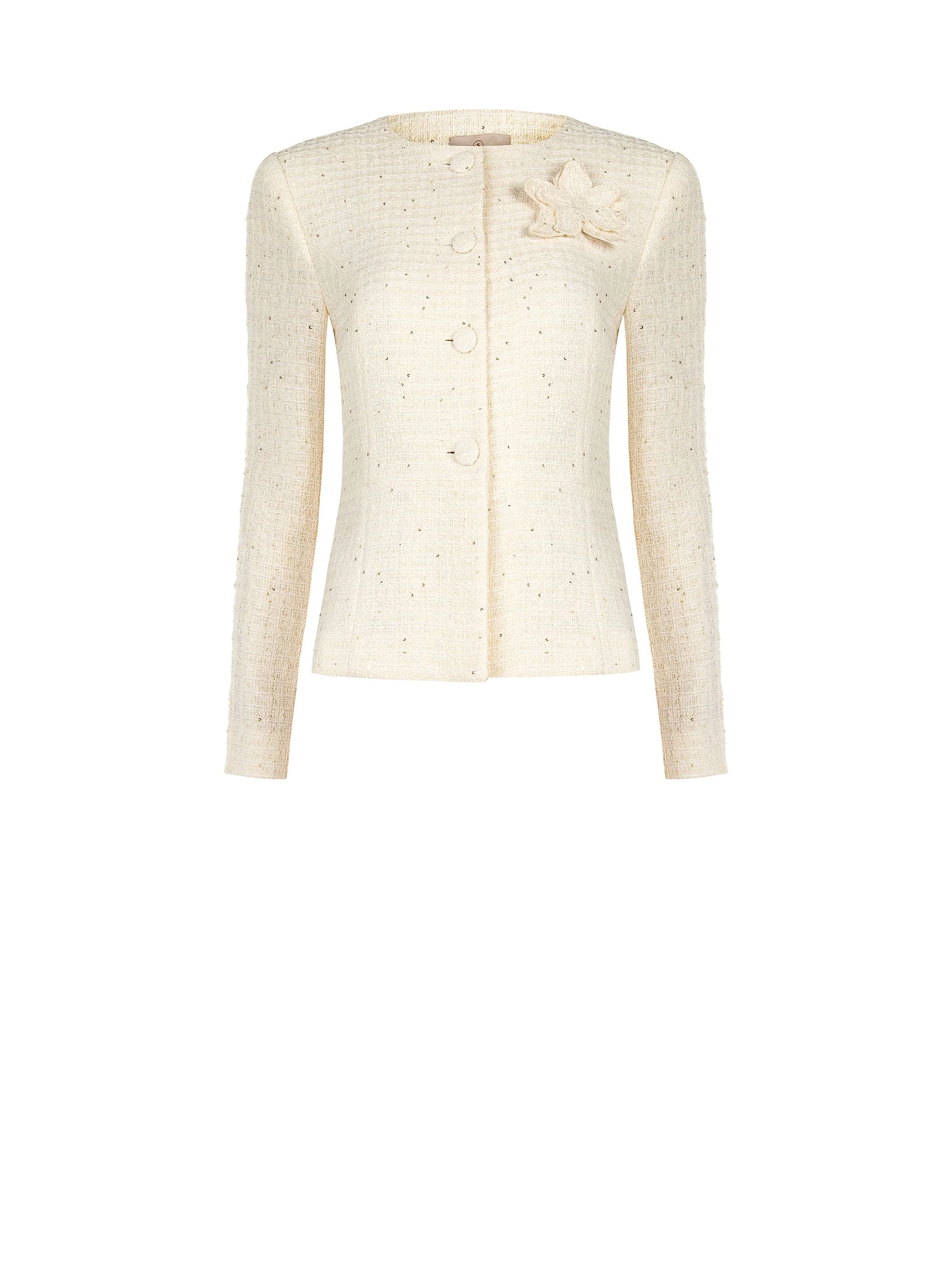 Giacca bouclé beige chiaro con fiore applicato - Image 6