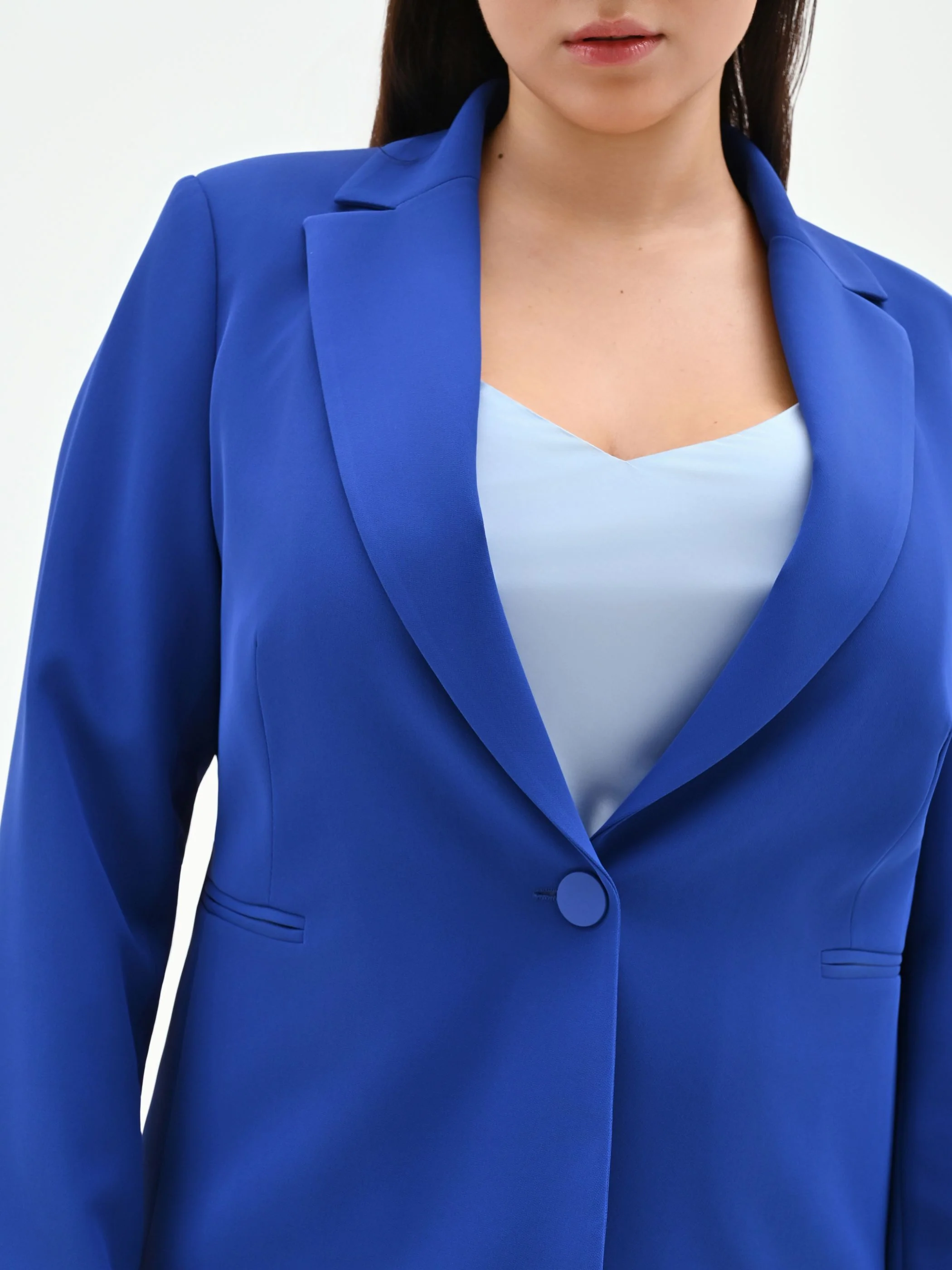 Giacca Curvy blu cina con rever a lancia in cadi - Image 5
