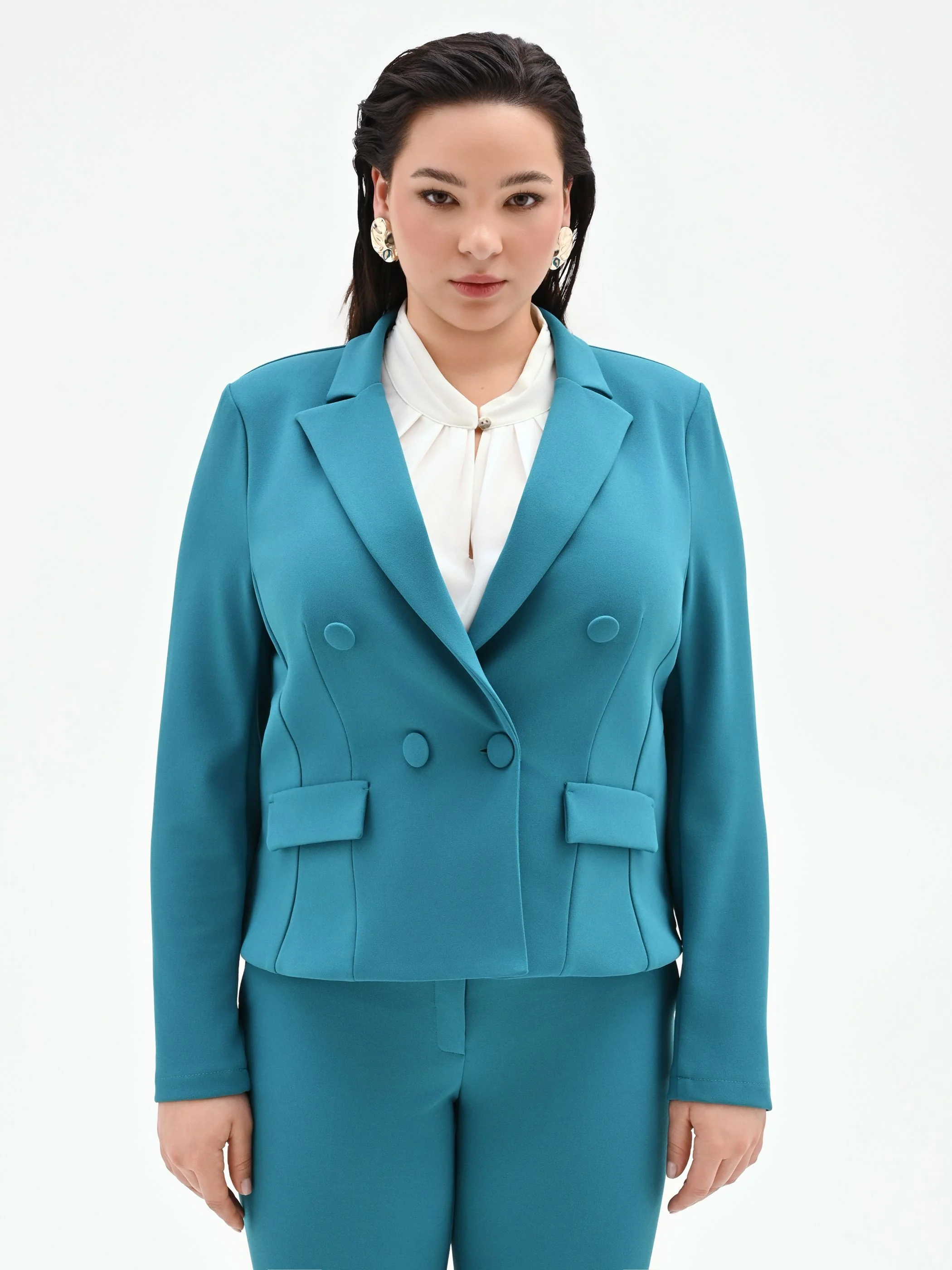 Giacca Curvy doppiopetto blu ottanio in scuba mano crepe - Image 3
