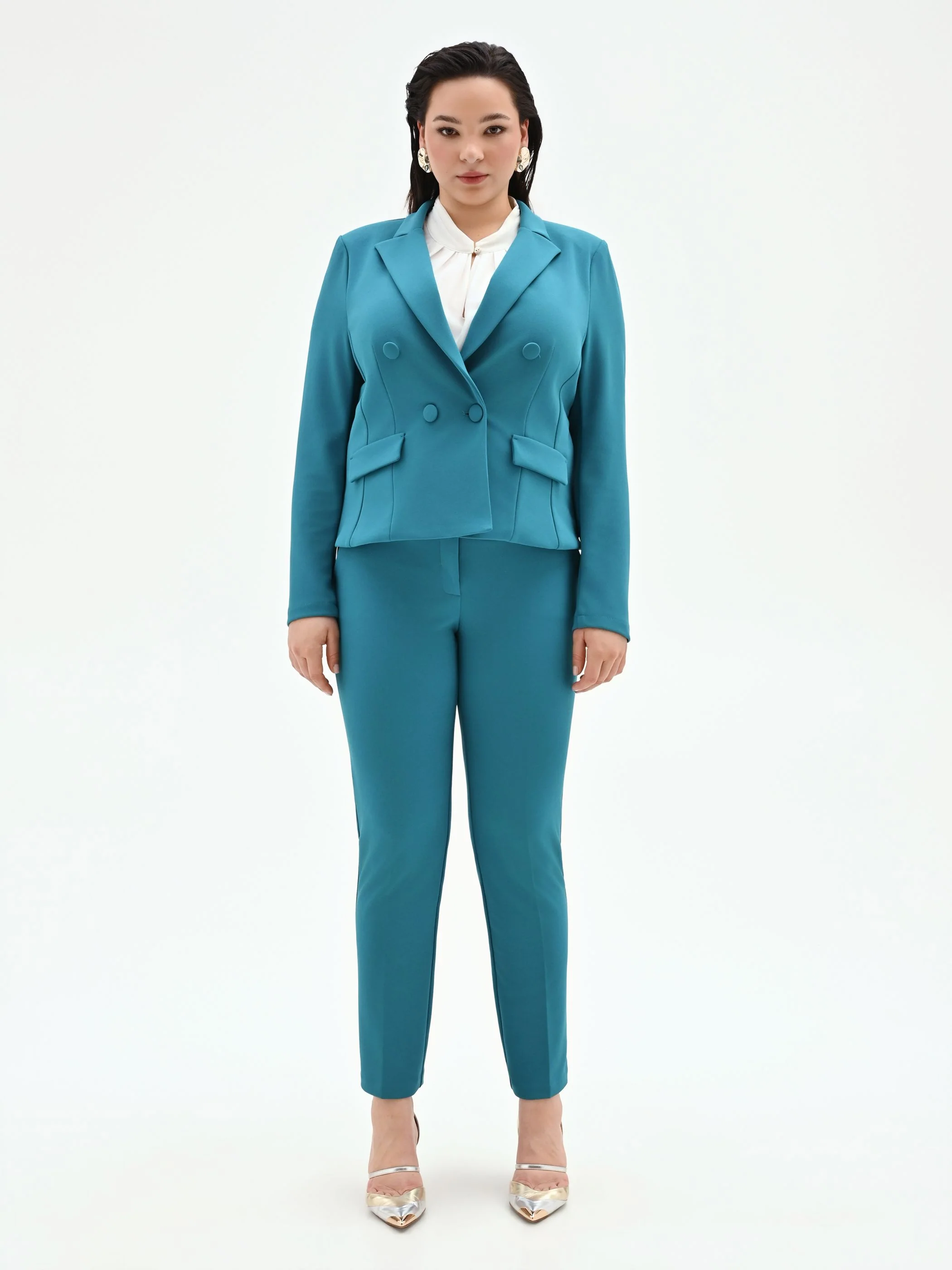 Giacca Curvy doppiopetto blu ottanio in scuba mano crepe - Image 4