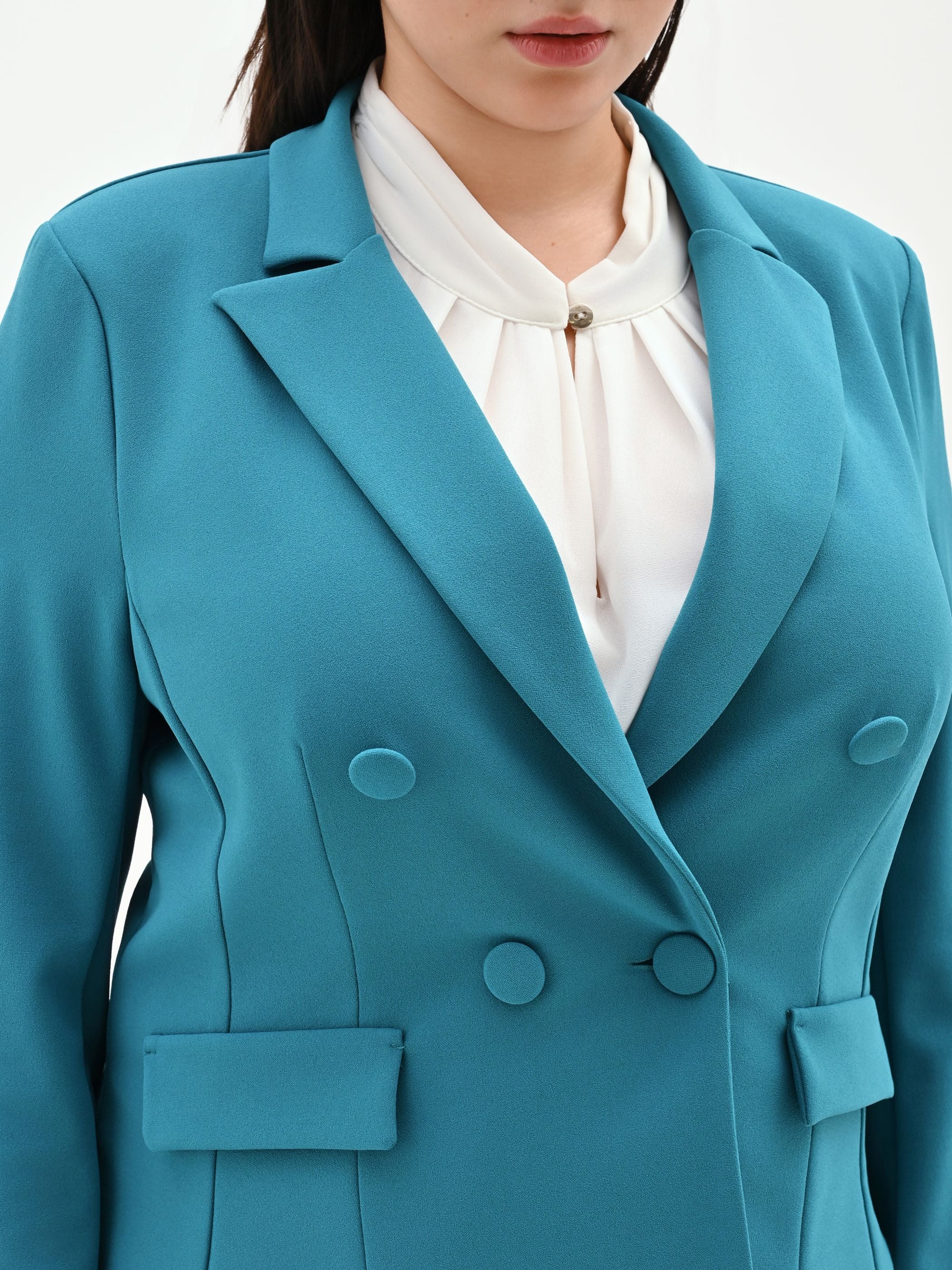 Giacca Curvy doppiopetto blu ottanio in scuba mano crepe - Image 5