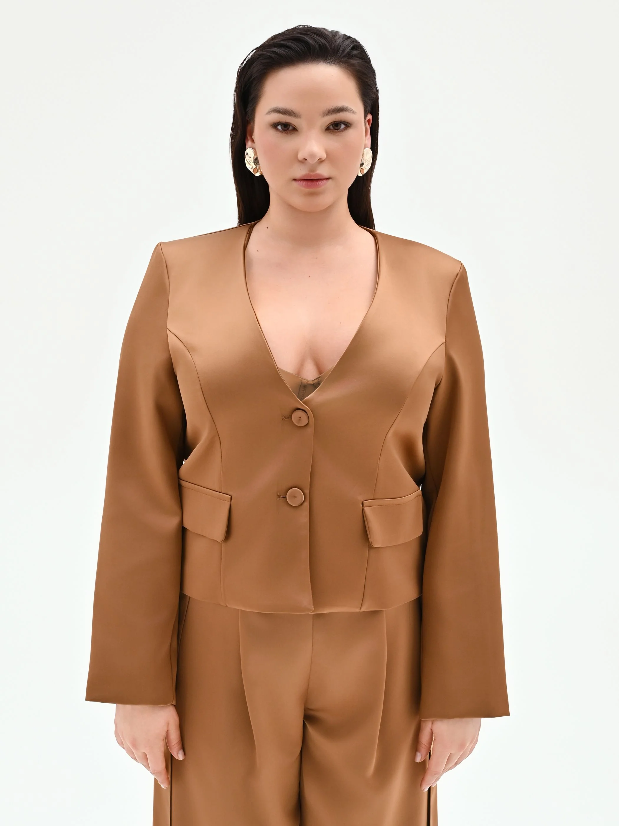 Giacca Curvy marrone bronzo in raso - Image 3