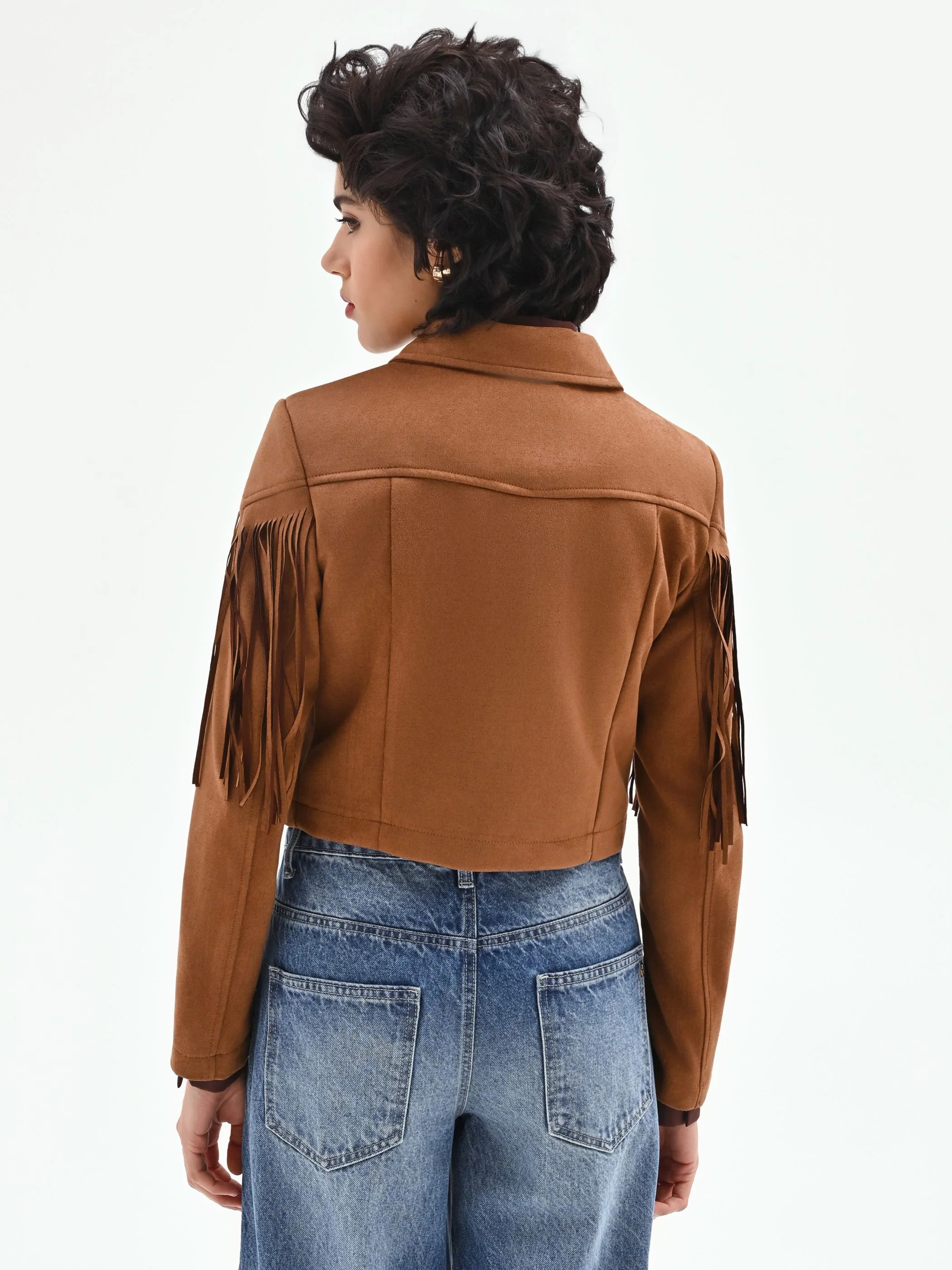 Giacca effetto camoscio cammello beige con frange - Image 3