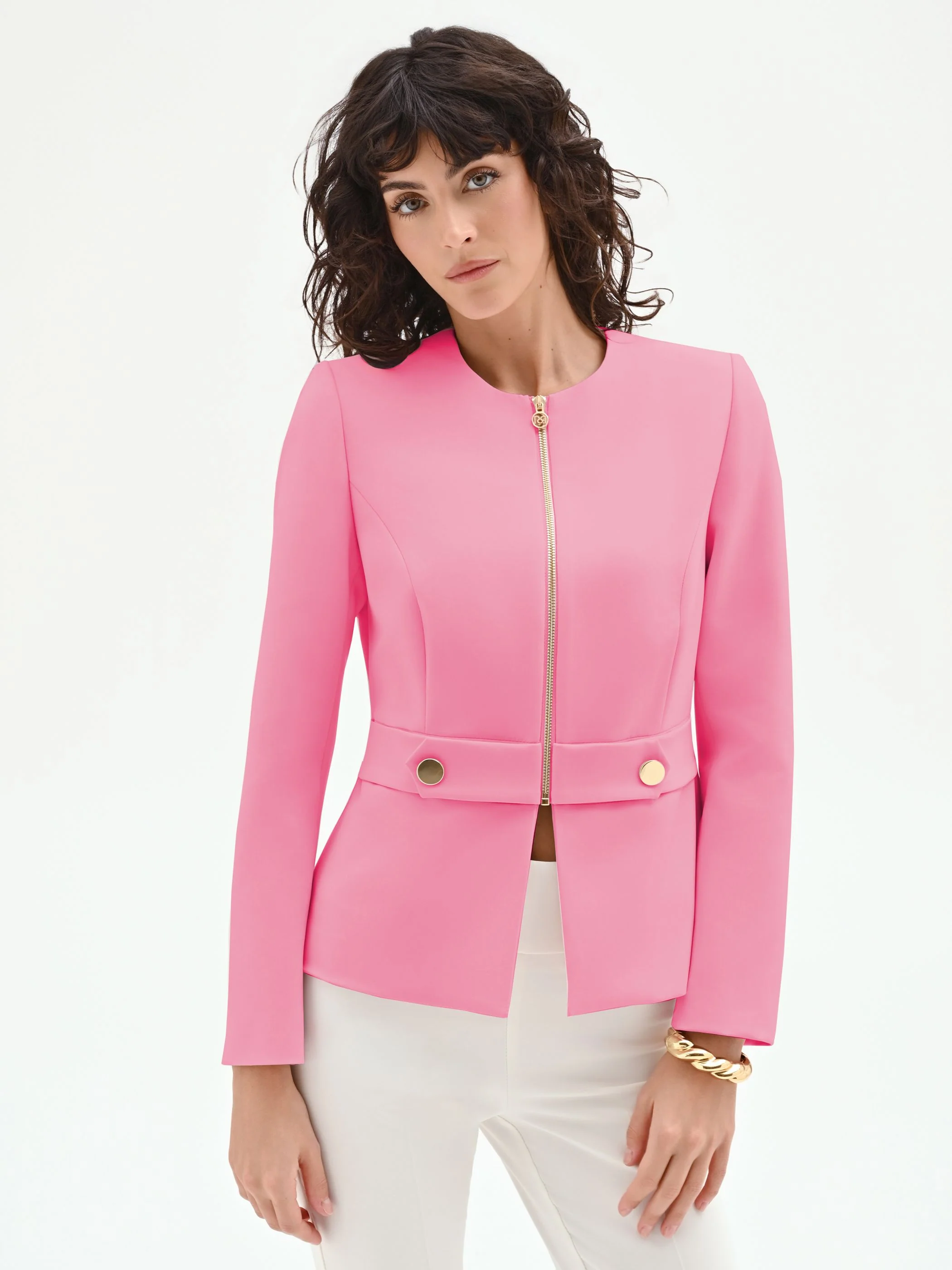 Giacca rosa con fascia in vita e zip dorata - Image 5