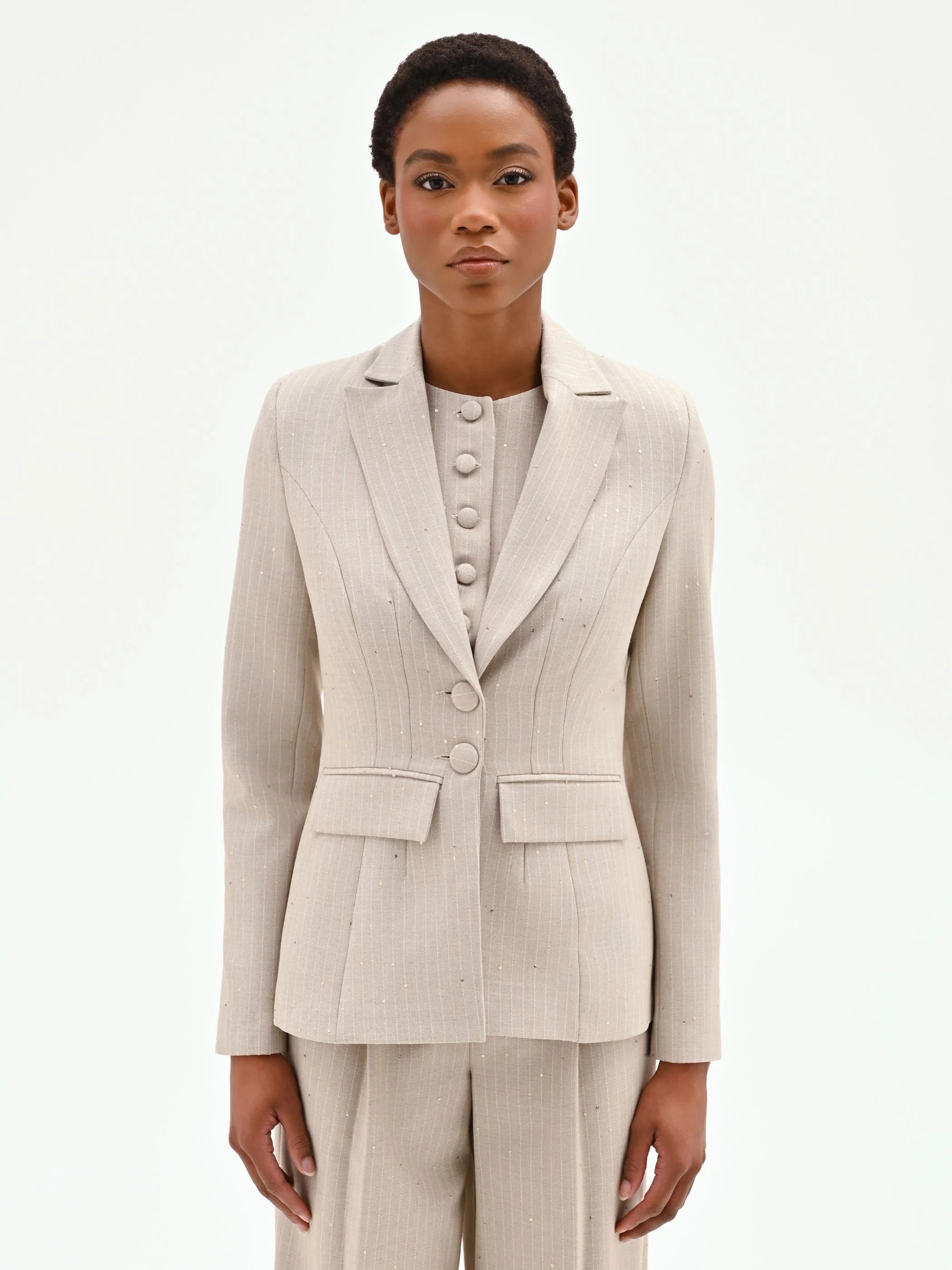 Giacca sfiancata beige gessata - Image 3