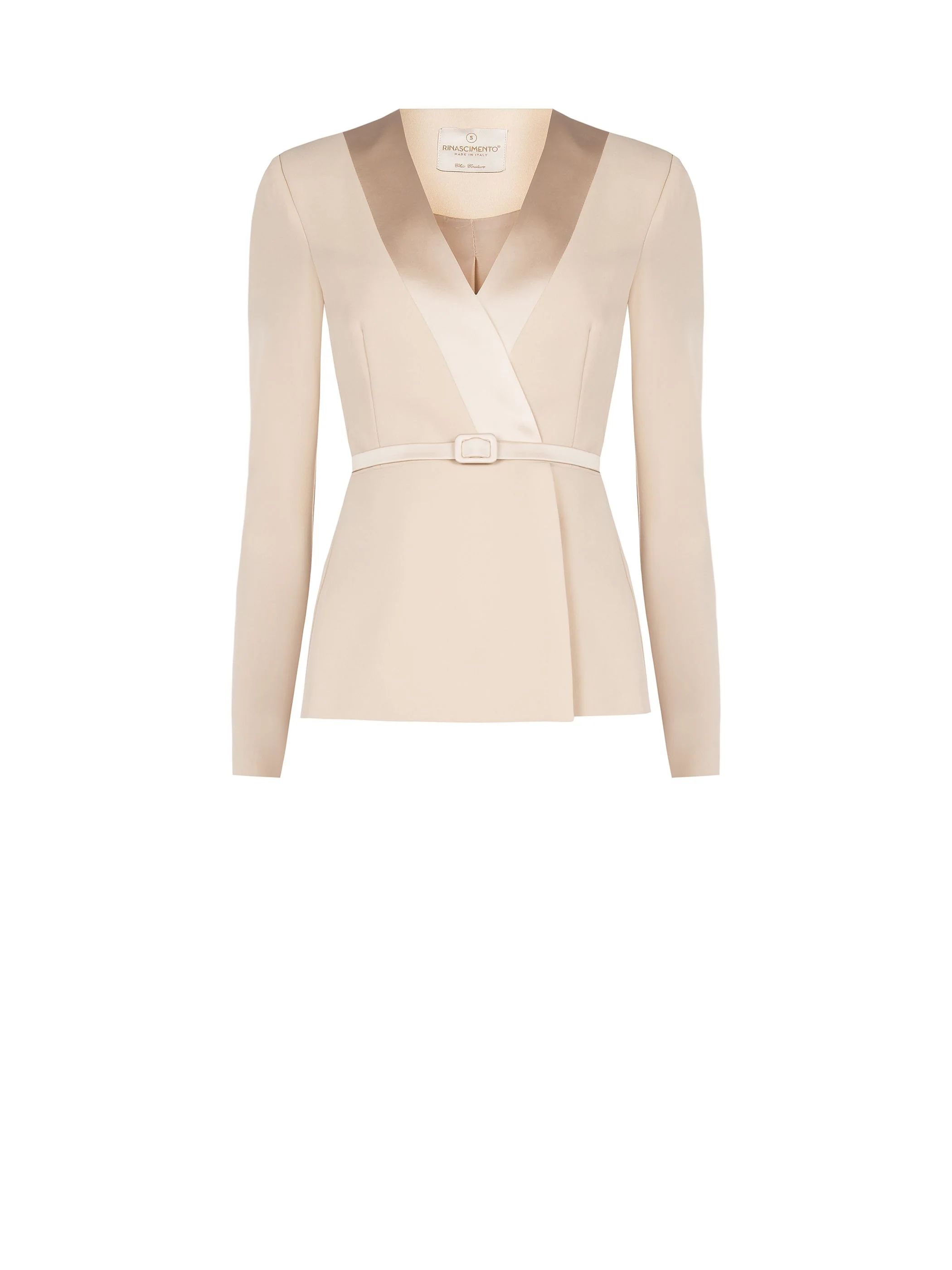 Giacca tortora beige con cintura e rever satinati - Image 6