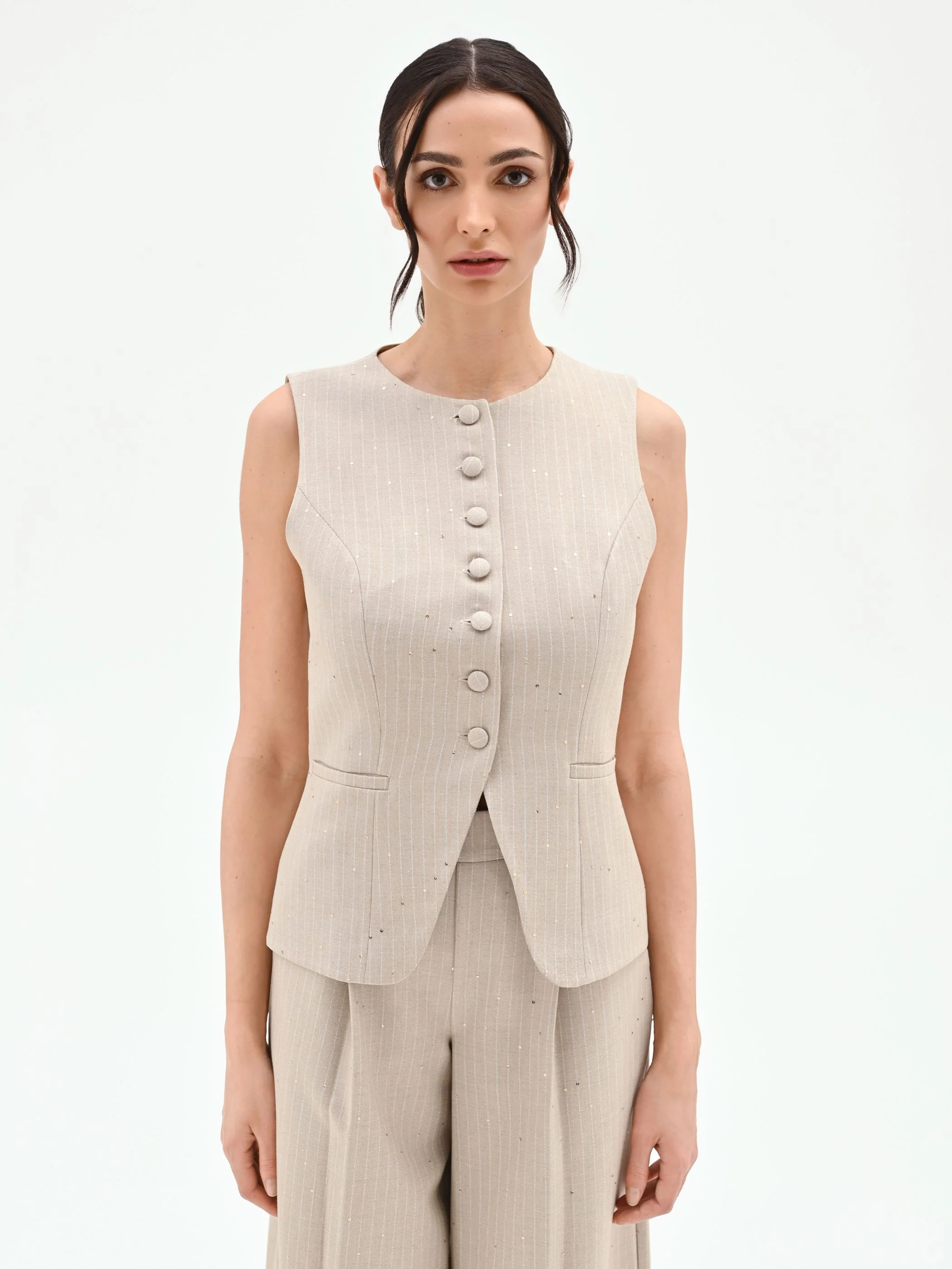 Gilet beige gessato con punti luce - Image 2