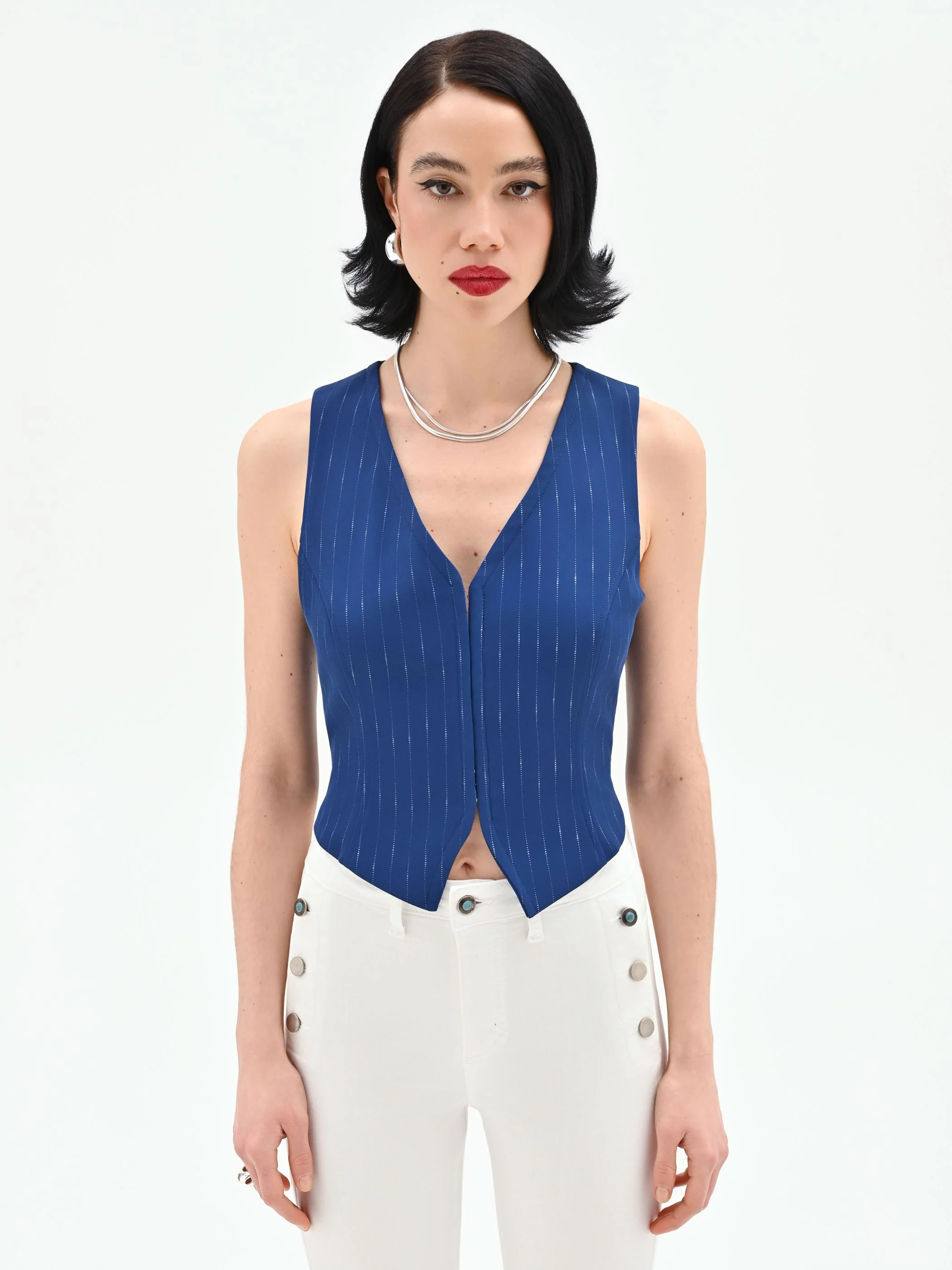 Gilet blu brillante effetto gessato - Image 3