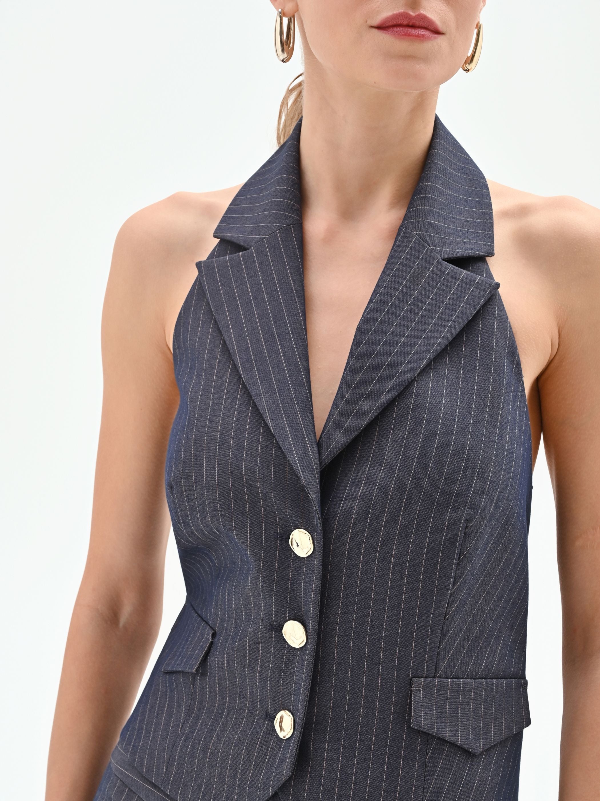 Gilet gessato blu con scollo all'americana - Image 4