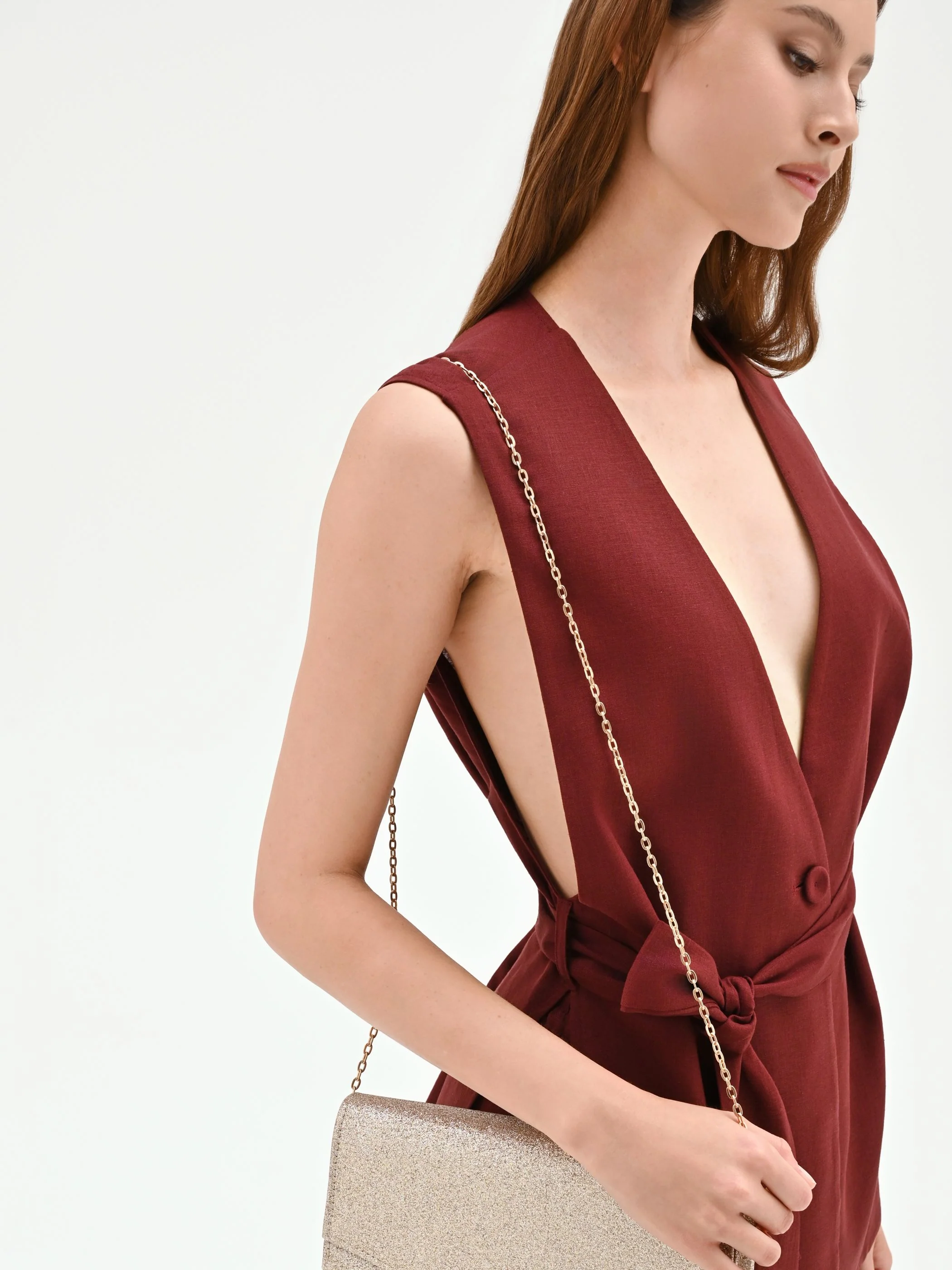 Gilet in lino rosso bordeaux con cintura - Image 7
