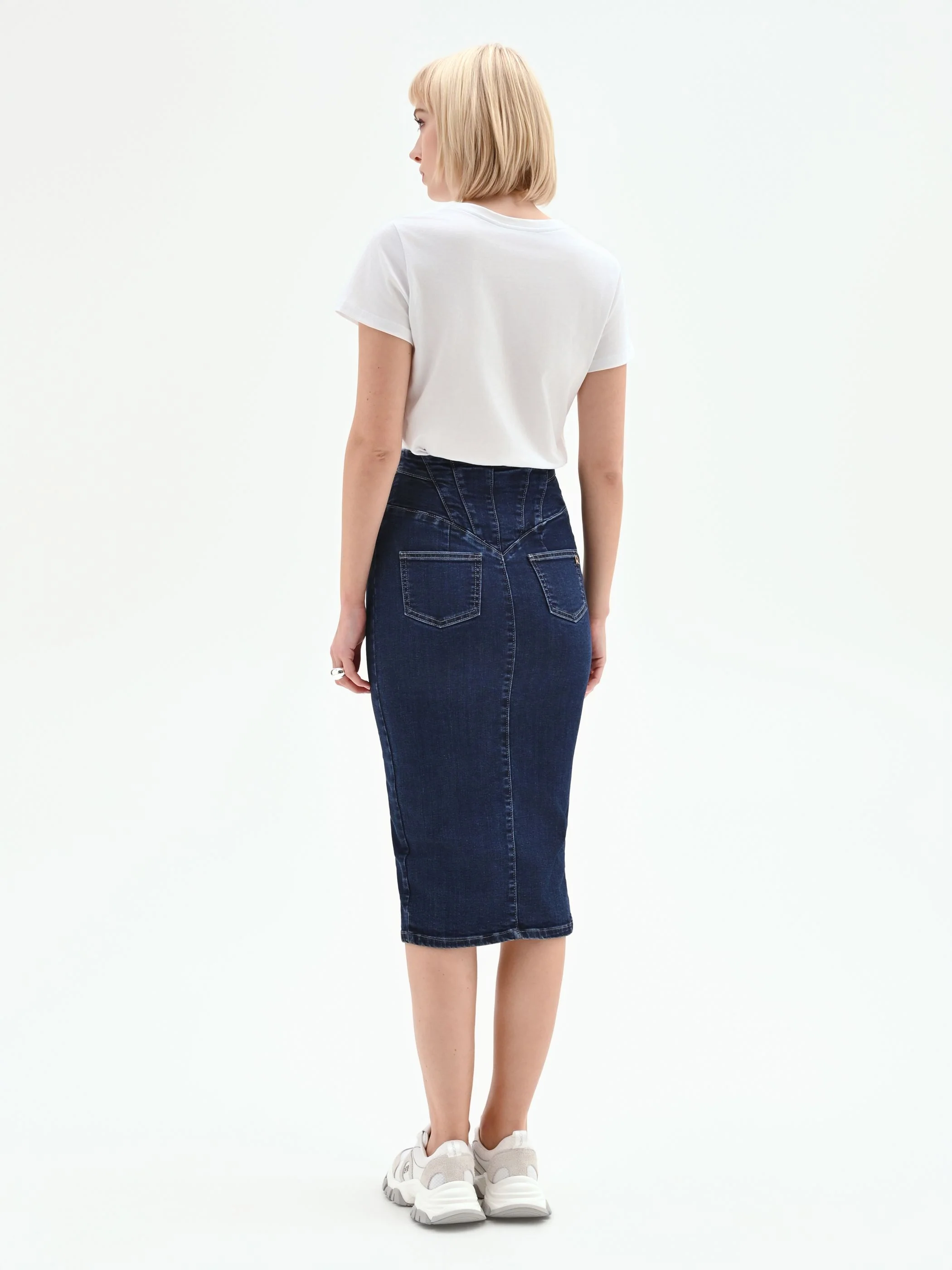 Gonna longuette denim blu navy con bottoni dorati - Image 3