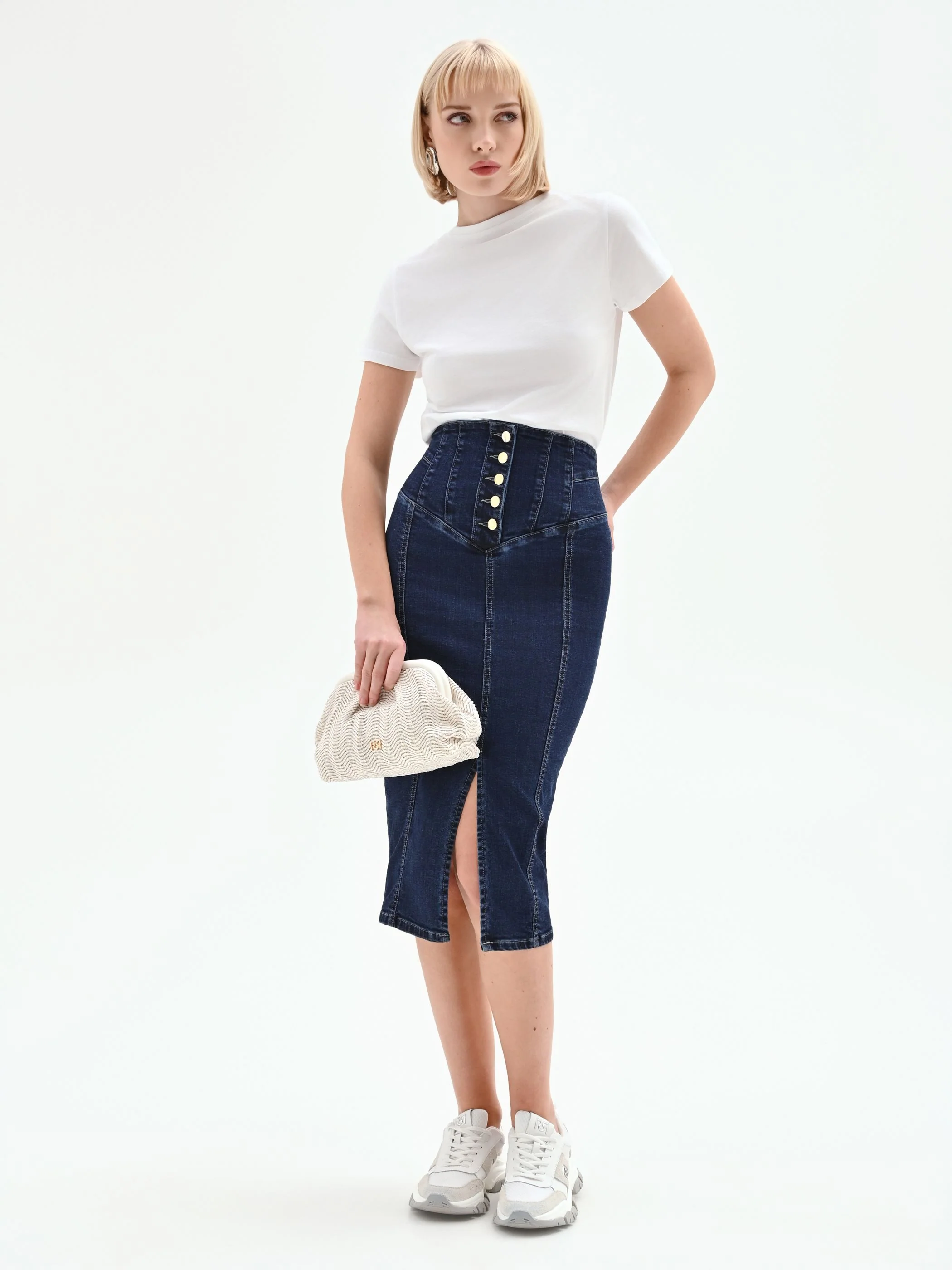 Gonna longuette denim blu navy con bottoni dorati - Image 7