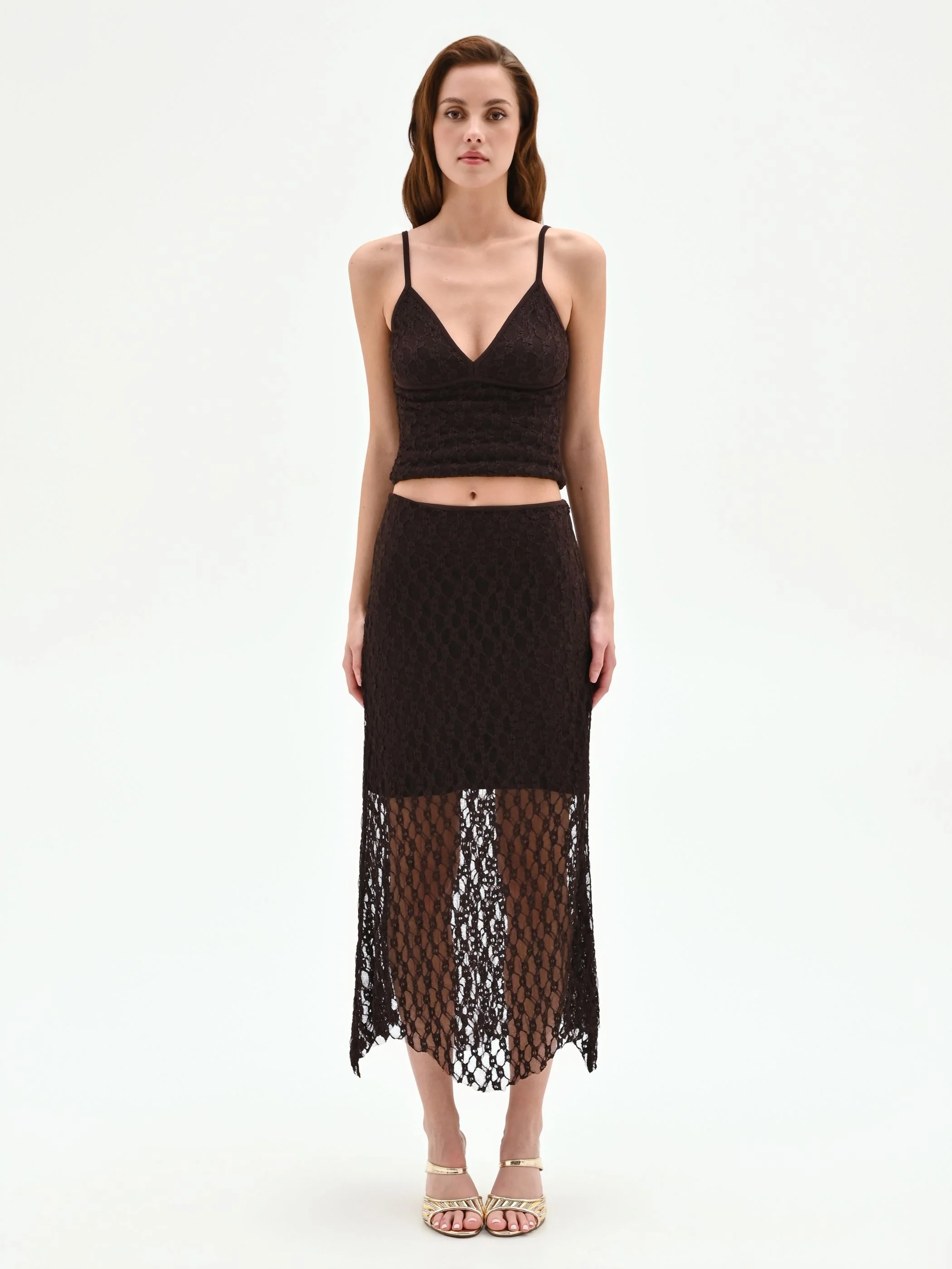 Gonna longuette in pizzo stretch cioccolato - Image 2