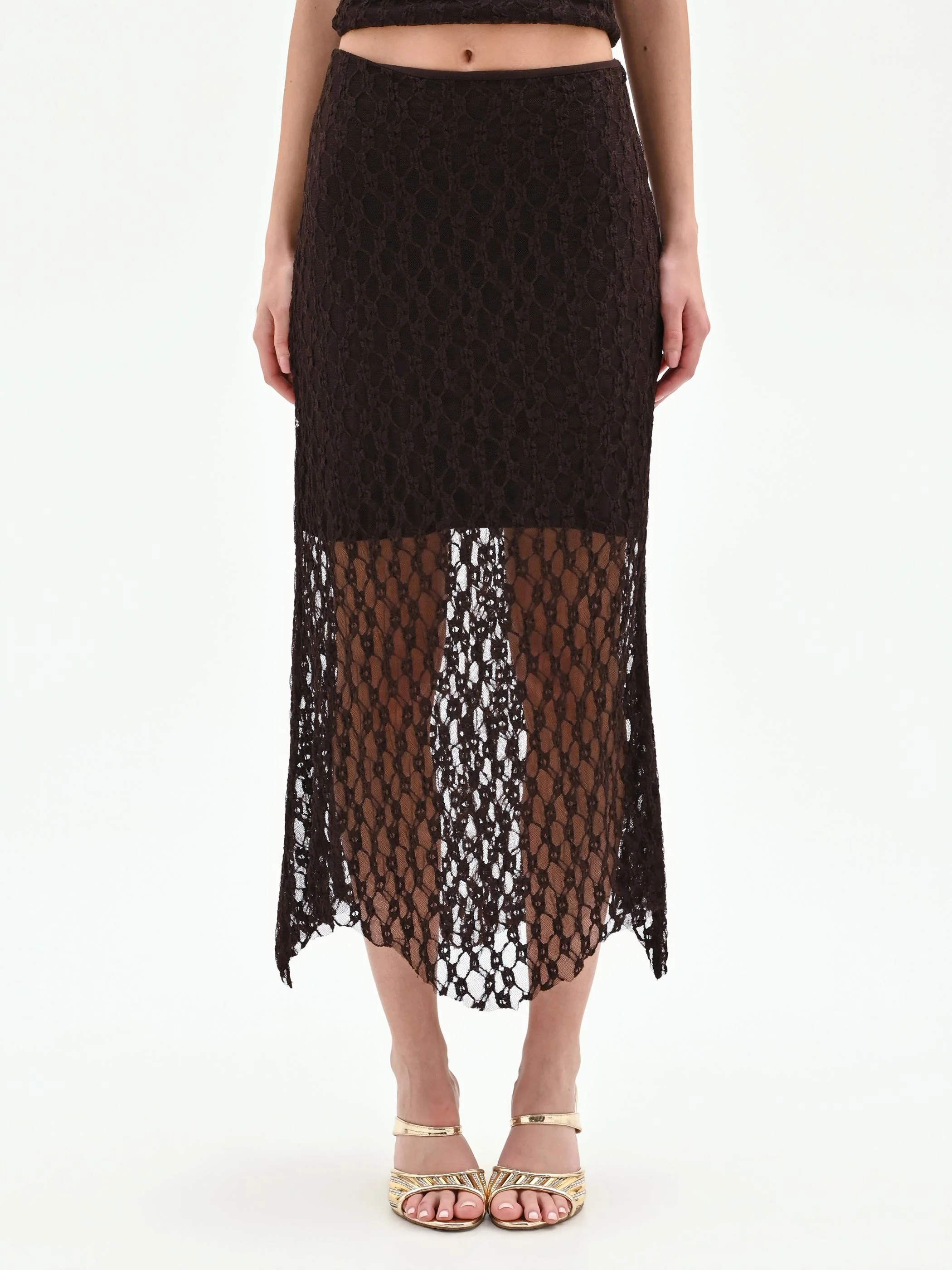 Gonna longuette in pizzo stretch cioccolato - Image 5